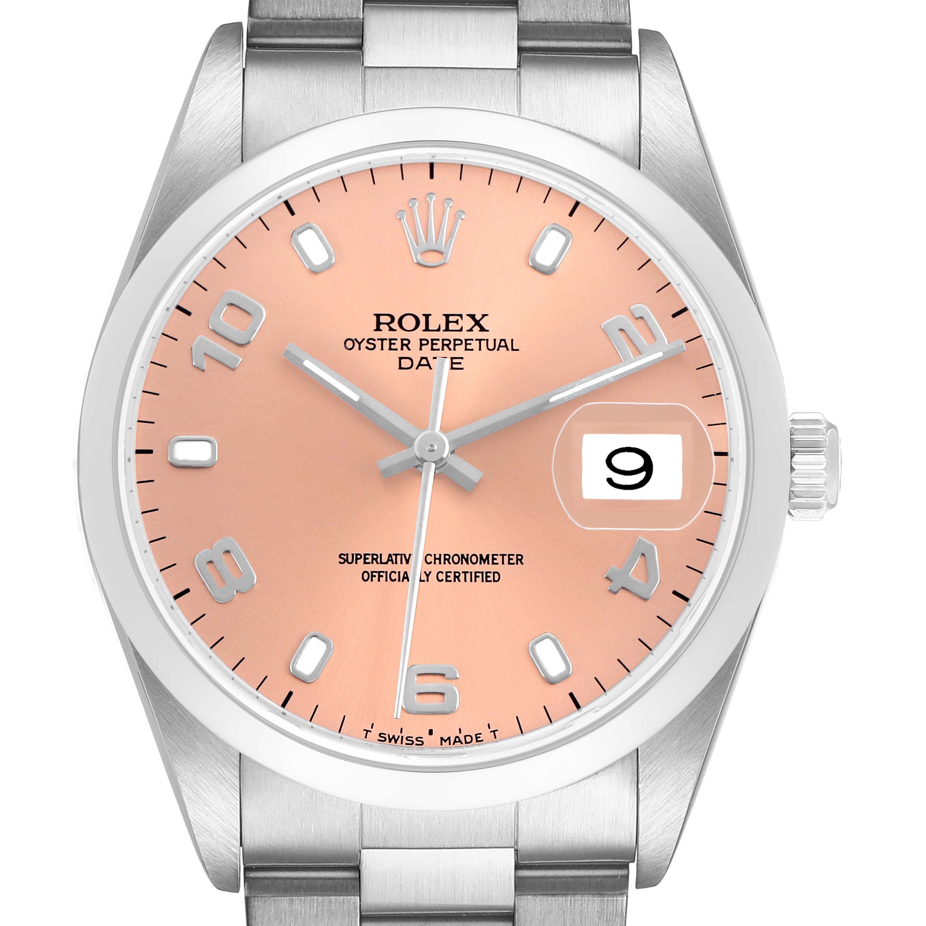The Rolex Date Men's Stainless Steel Pink Dial model is shown from the front, highlighting the dial, hands, markers, date window, and part of the bracelet.