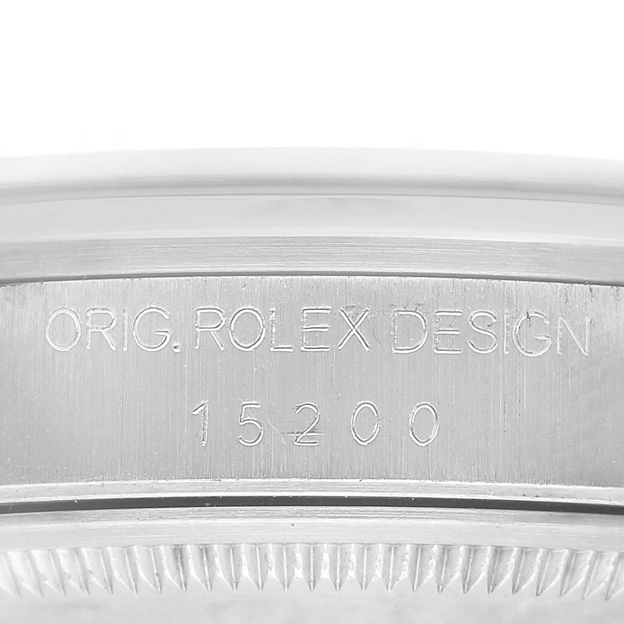 The image shows the side view of a Rolex Date 15200 Men's Stainless Steel Silver Dial model with the model number 15200 engraved on its case.