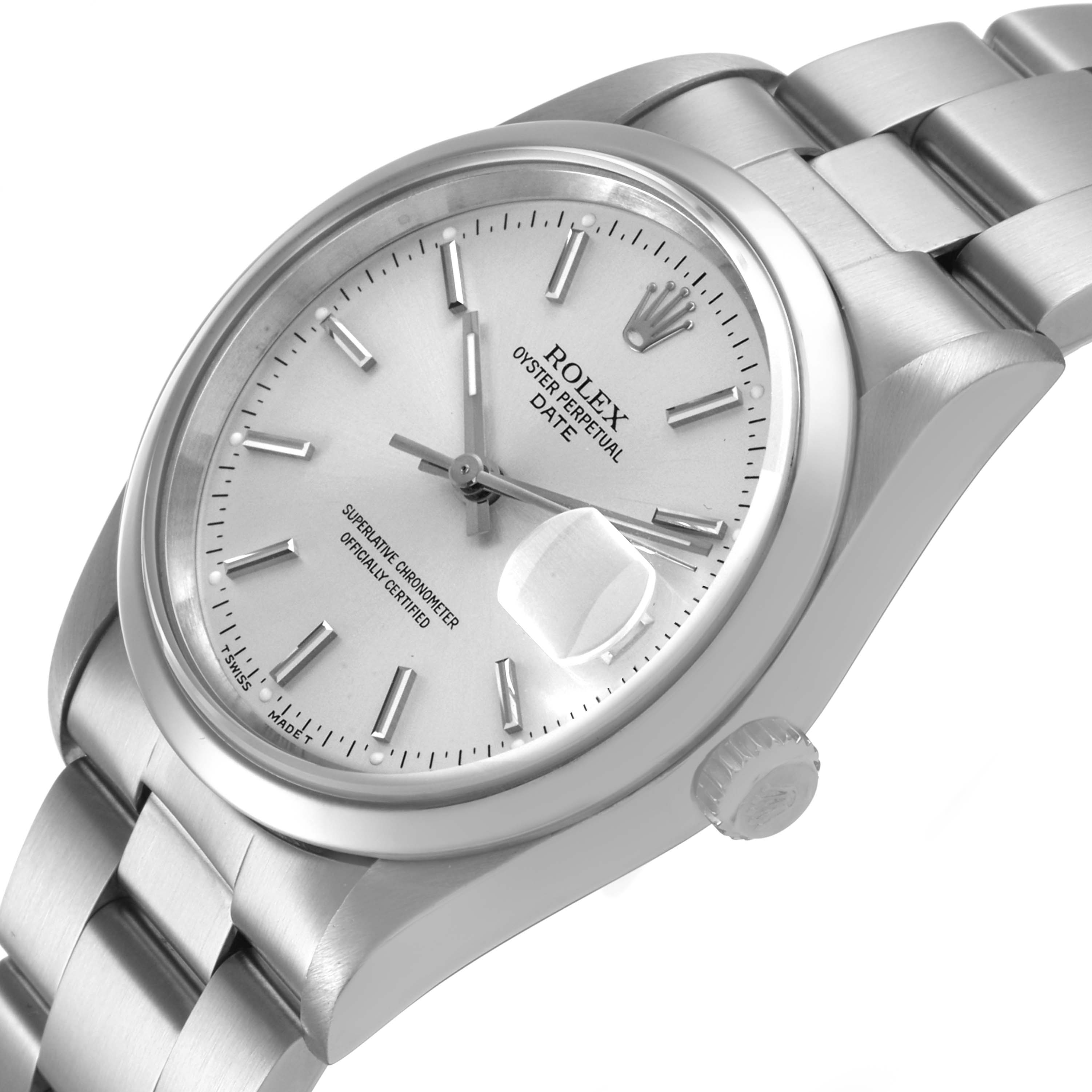The Rolex Date 15200 Men's Stainless Steel Silver Dial model watch is shown at an angled side view, highlighting the dial, crown, and metal bracelet.