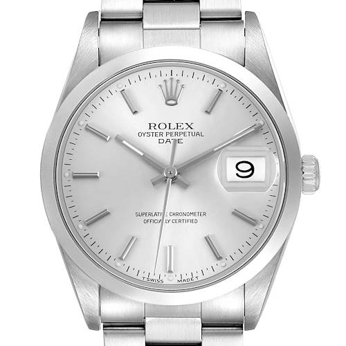 The Rolex Date 15200 Men's Stainless Steel Silver Dial watch is shown from the front, displaying the dial, hands, date magnifier, and bracelet.