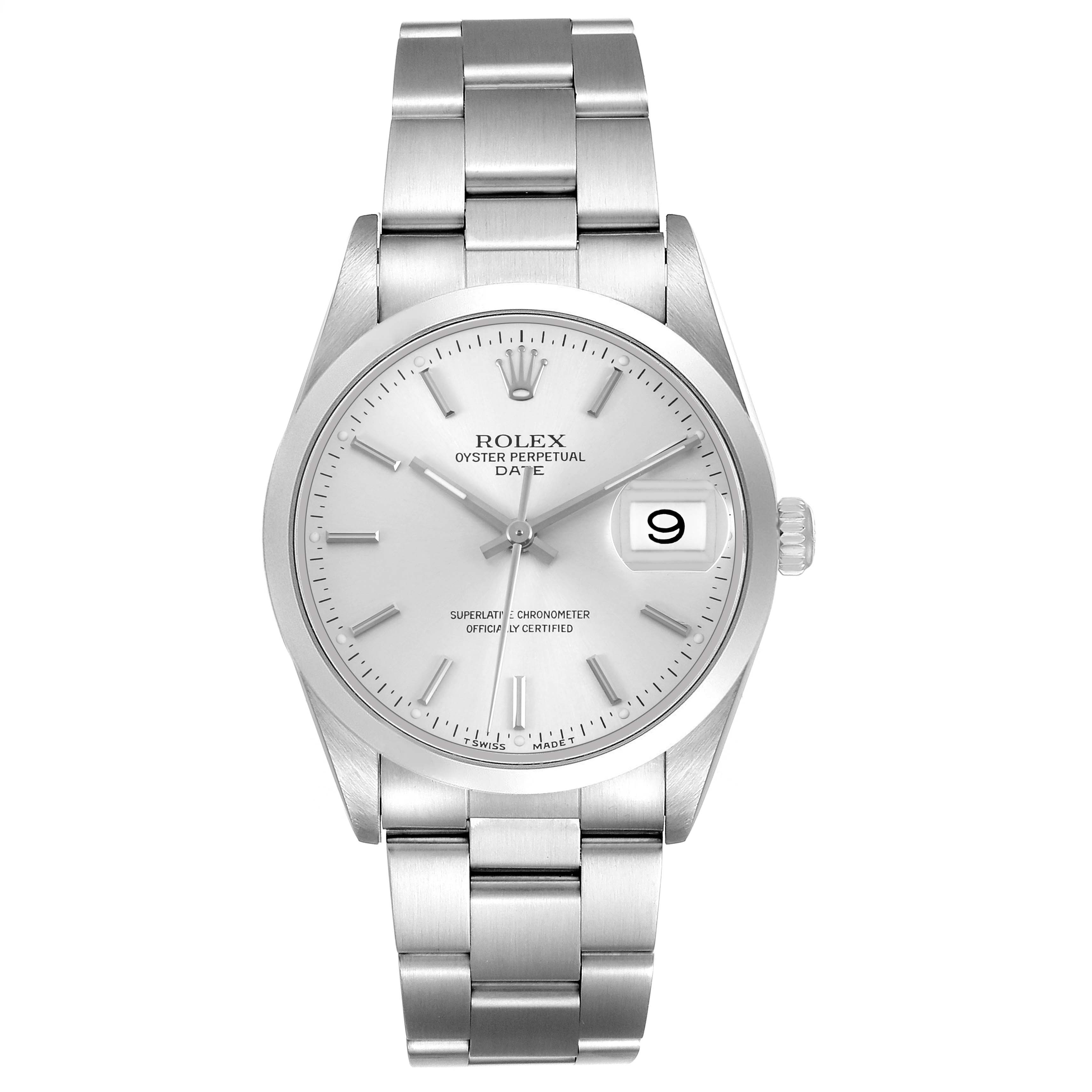 The Rolex Oyster Perpetual Date is shown front-facing, displaying its dial, bezel, and metal bracelet.