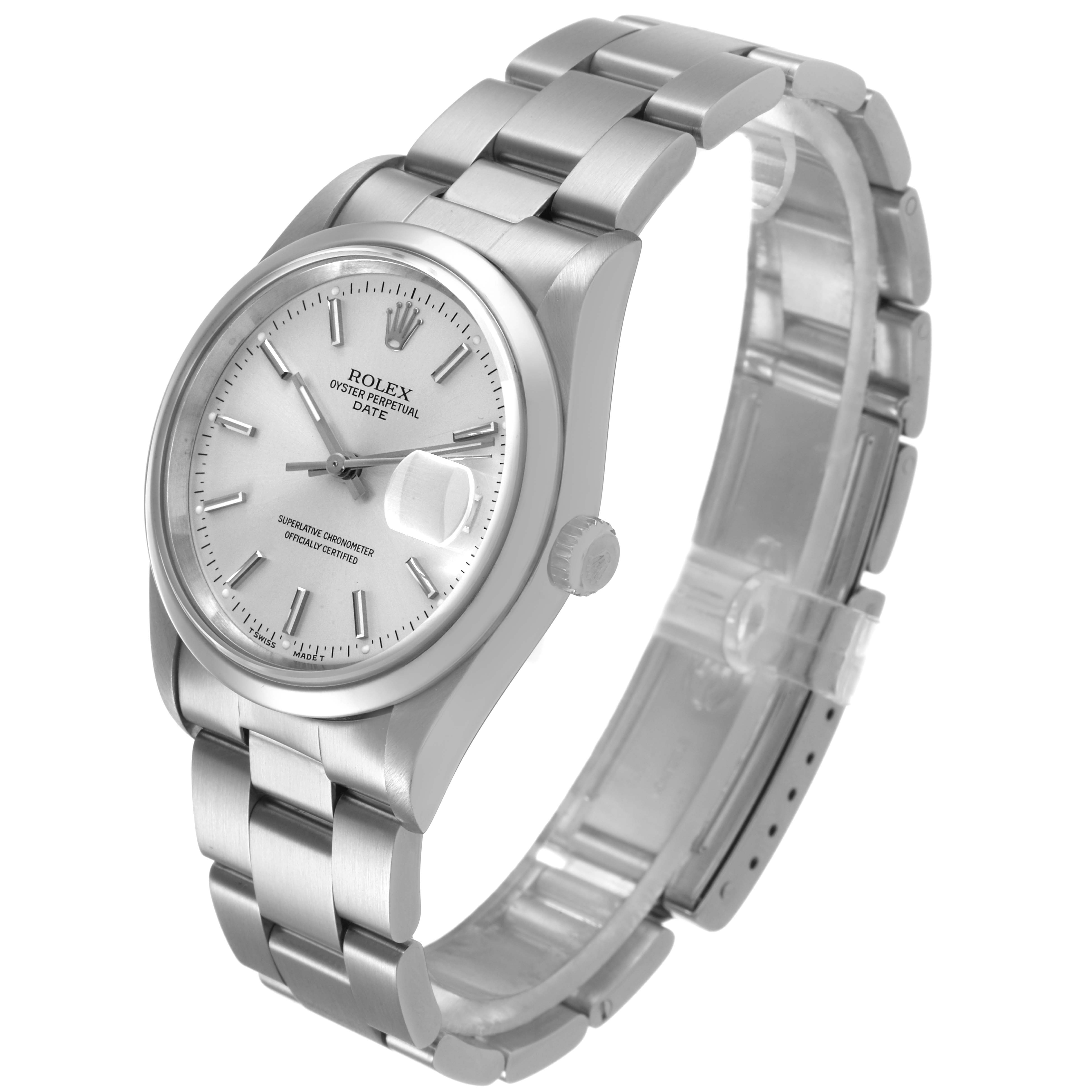 The Rolex Date 15200 Men's Stainless Steel Silver Dial watch is shown at a three-quarter angle, highlighting the face, bezel, bracelet, and crown details.