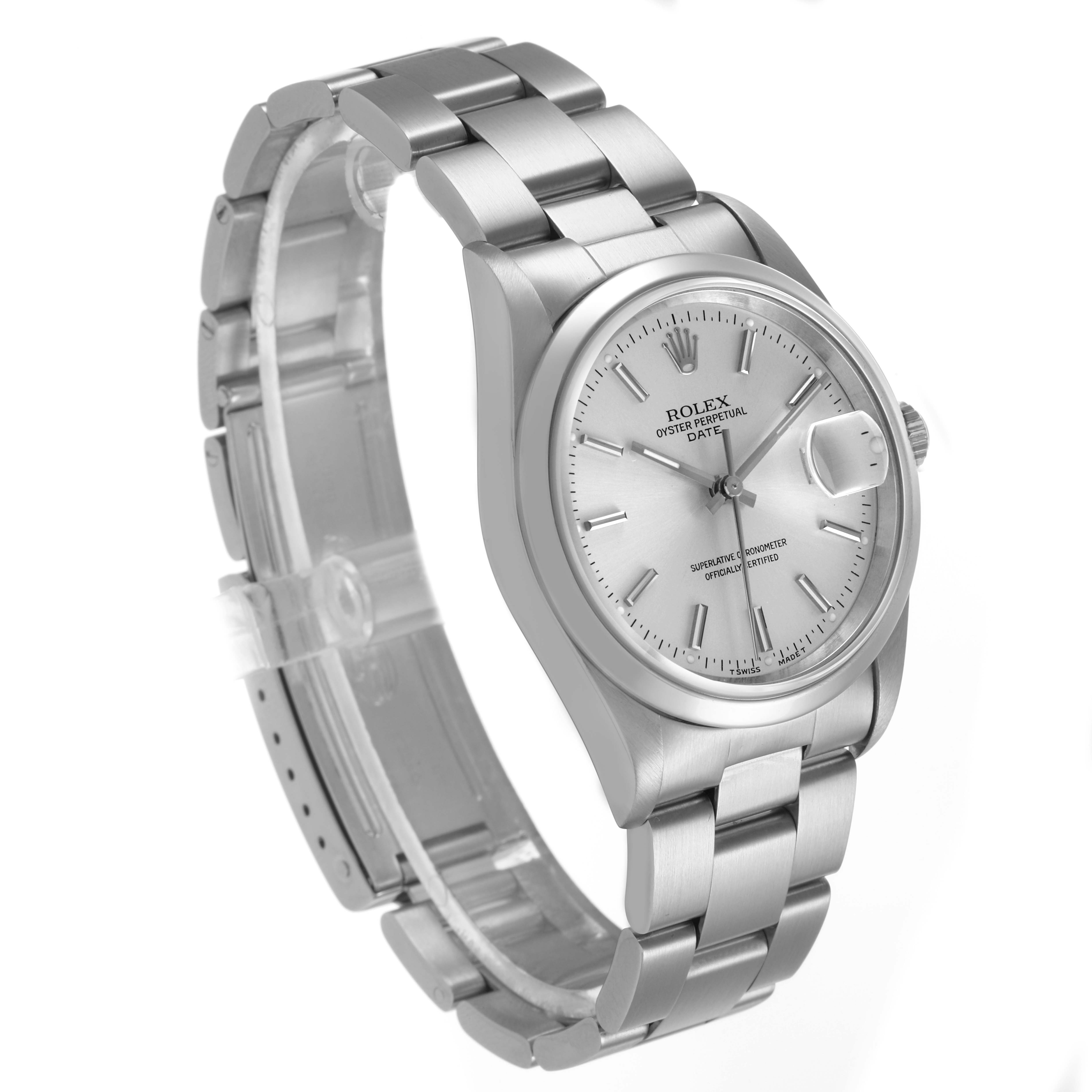 The Rolex Date 15200 Men's Stainless Steel Silver Dial watch is shown at a three-quarter angle, displaying its dial, bezel, bracelet, and cyclops lens.