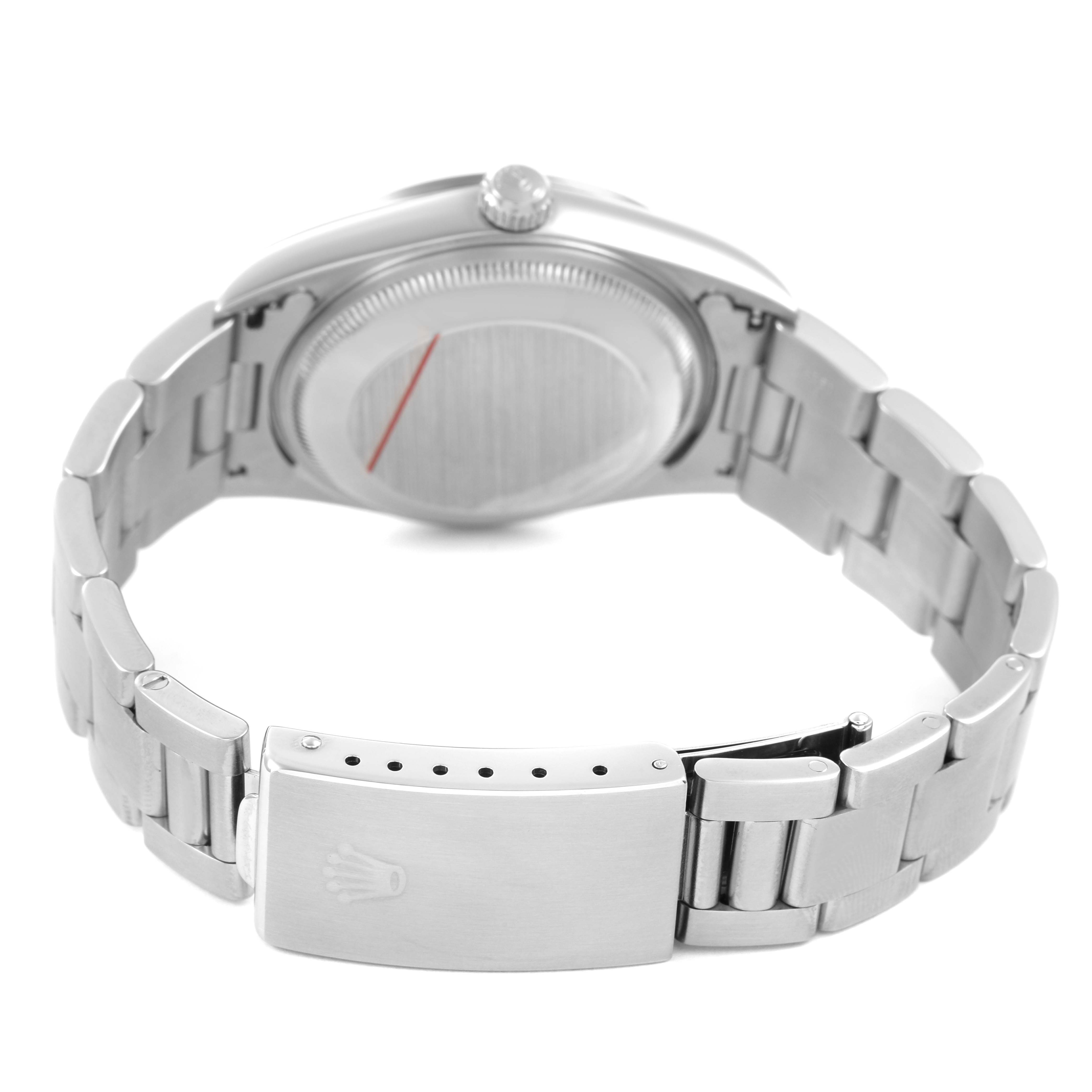 The image shows the back case and bracelet clasp of a Rolex Date 15200 Men's Stainless Steel Silver Dial model watch.