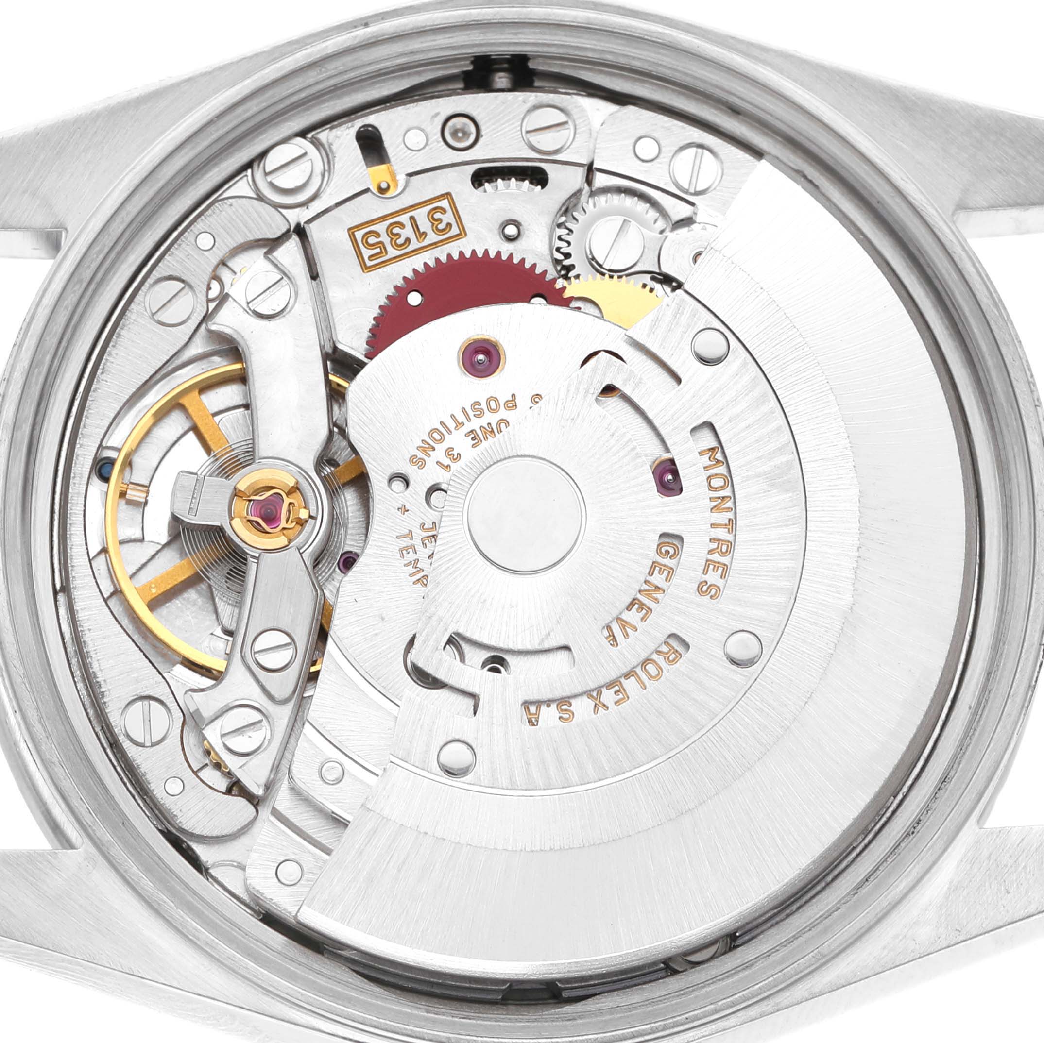 The image shows the movement of a Rolex Date 15200 Men's Stainless Steel Silver Dial watch from the back, highlighting gears and the rotor.
