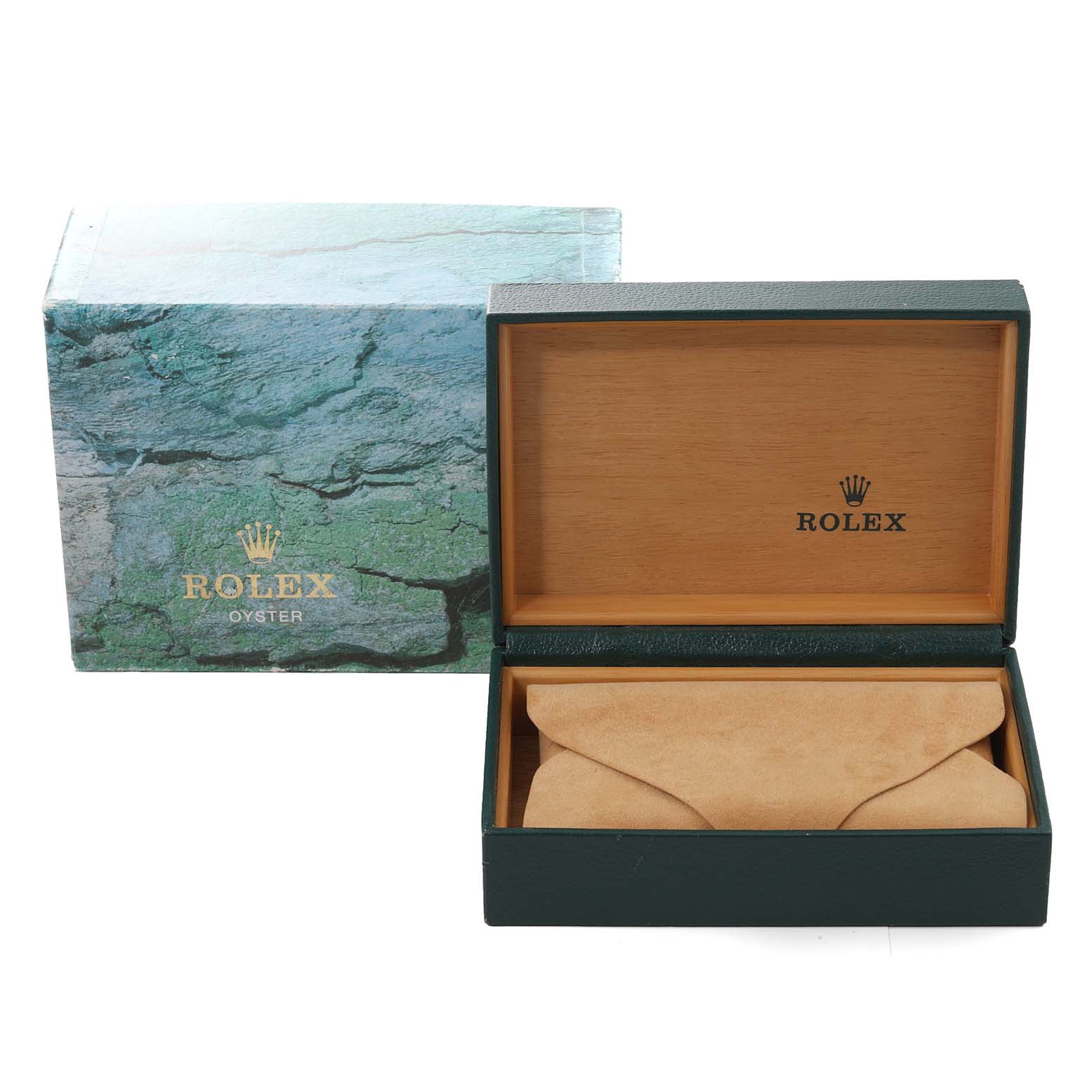 The image shows an open Rolex Date 15223 Men's Steel and Gold (two tone) Blue Dial 15223 Men's Steel and Gold (two tone) Blue Dial model box and packaging, revealing the interior without the watch inside.