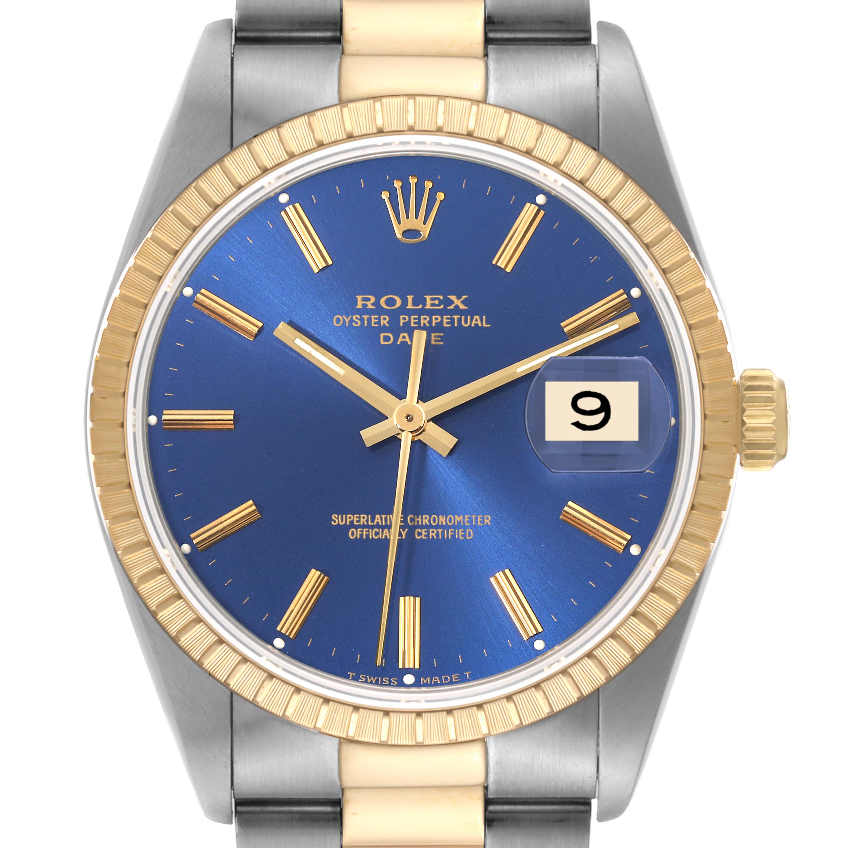 The image shows a front view of a Rolex Date 15223 Men's Steel and Gold (two tone) Blue Dial 15223 Men's Steel and Gold (two tone) Blue Dial model watch, highlighting its blue dial, gold markers, and date window.