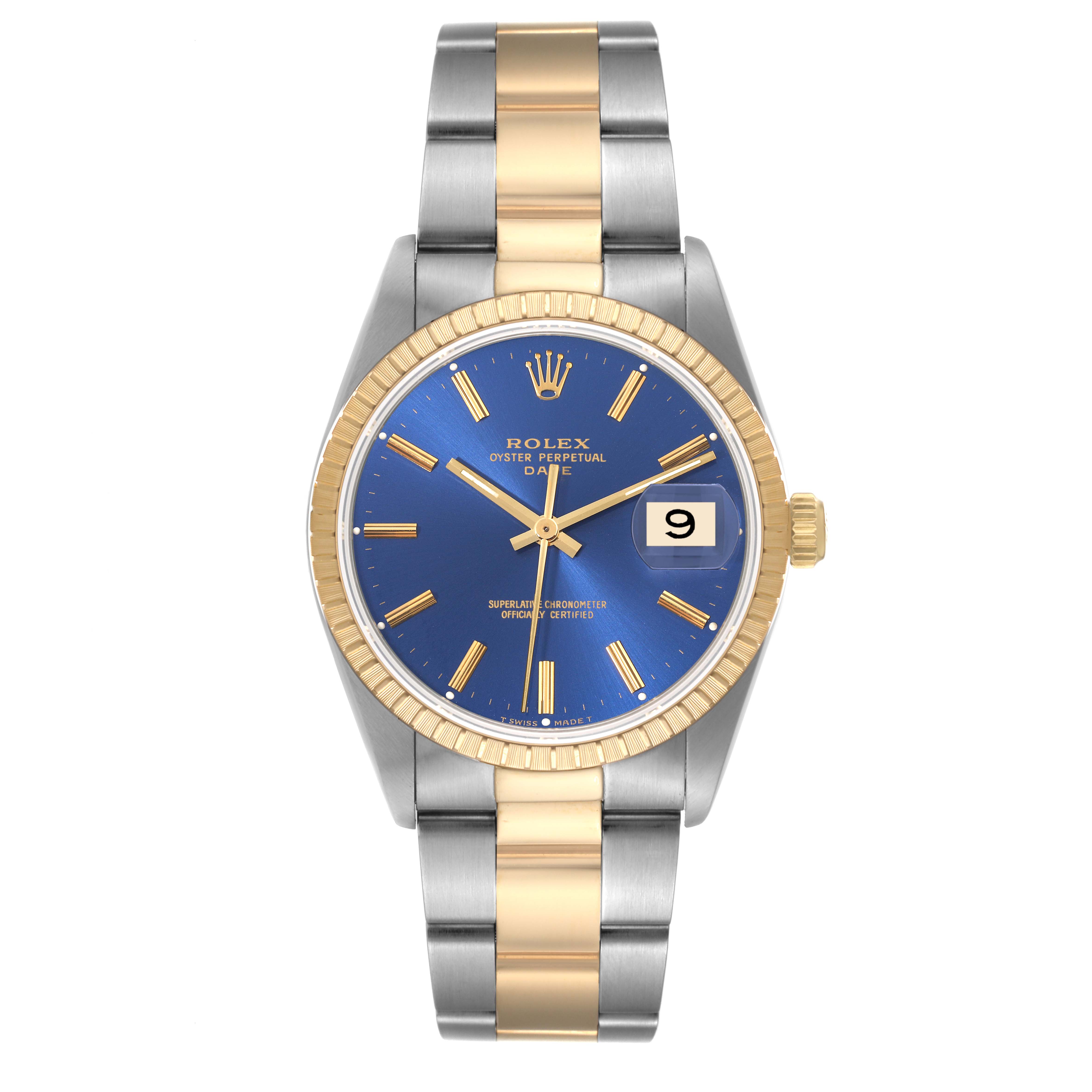 The Rolex Date 15223 Men's Steel and Gold (two tone) Blue Dial 15223 Men's Steel and Gold (two tone) Blue Dial watch is shown from the front, displaying its blue dial, two-tone bracelet, and fluted bezel.