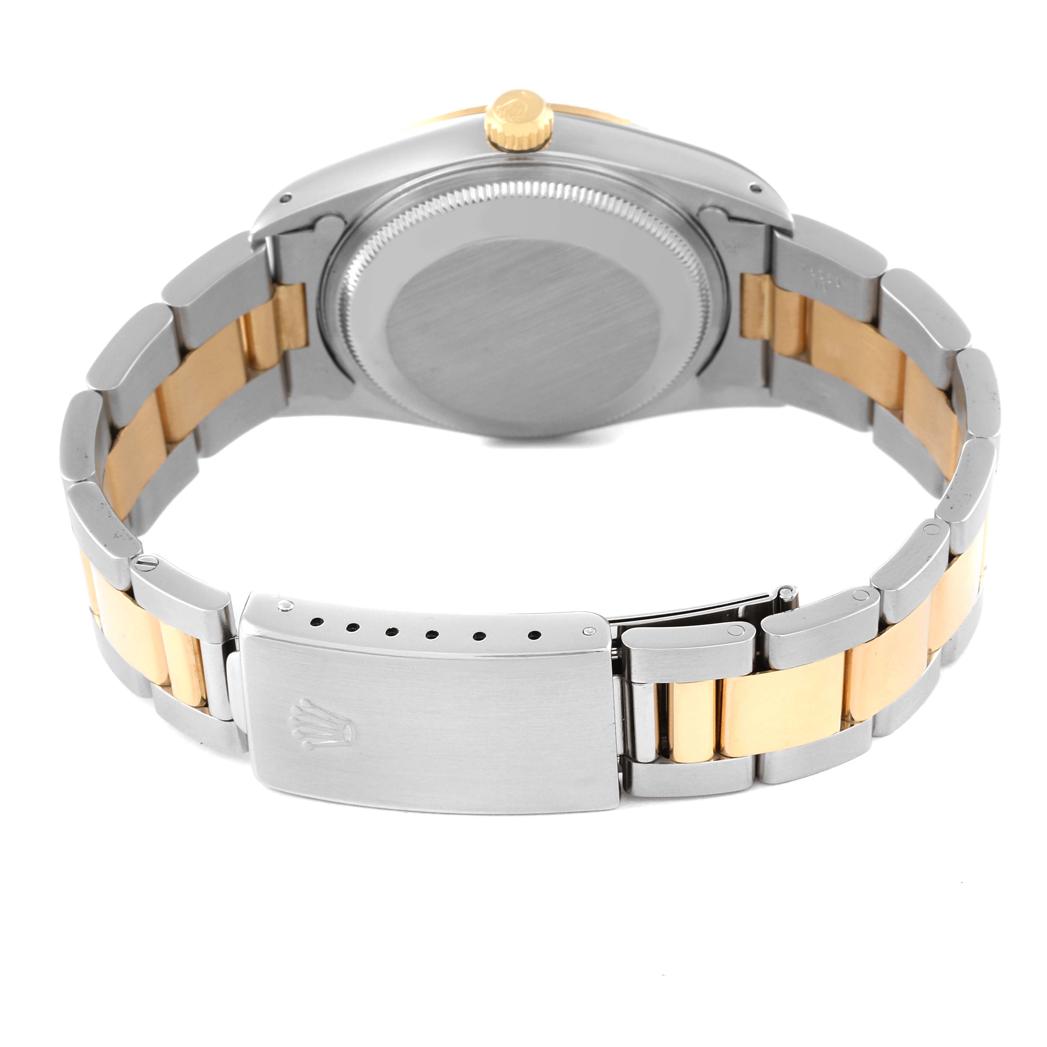 The image shows the back view of a Rolex Date 15223 Men's Steel and Gold (two tone) Blue Dial 15223 Men's Steel and Gold (two tone) Blue Dial model watch, highlighting the case back, bracelet, and clasp.