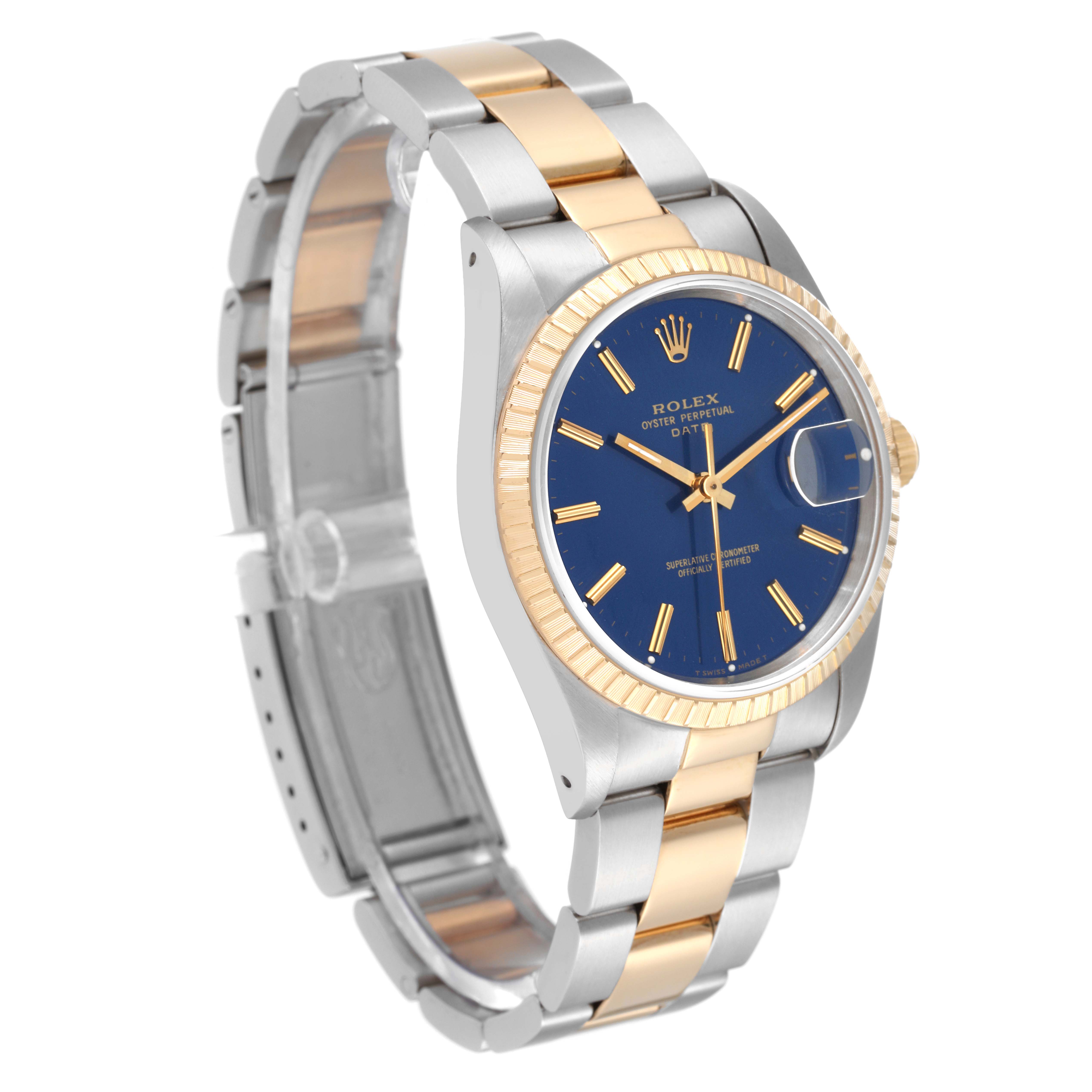 The image shows a side and front view of a Rolex Date 15223 Men's Steel and Gold (two tone) Blue Dial 15223 Men's Steel and Gold (two tone) Blue Dial model watch featuring a two-tone bracelet and blue dial.
