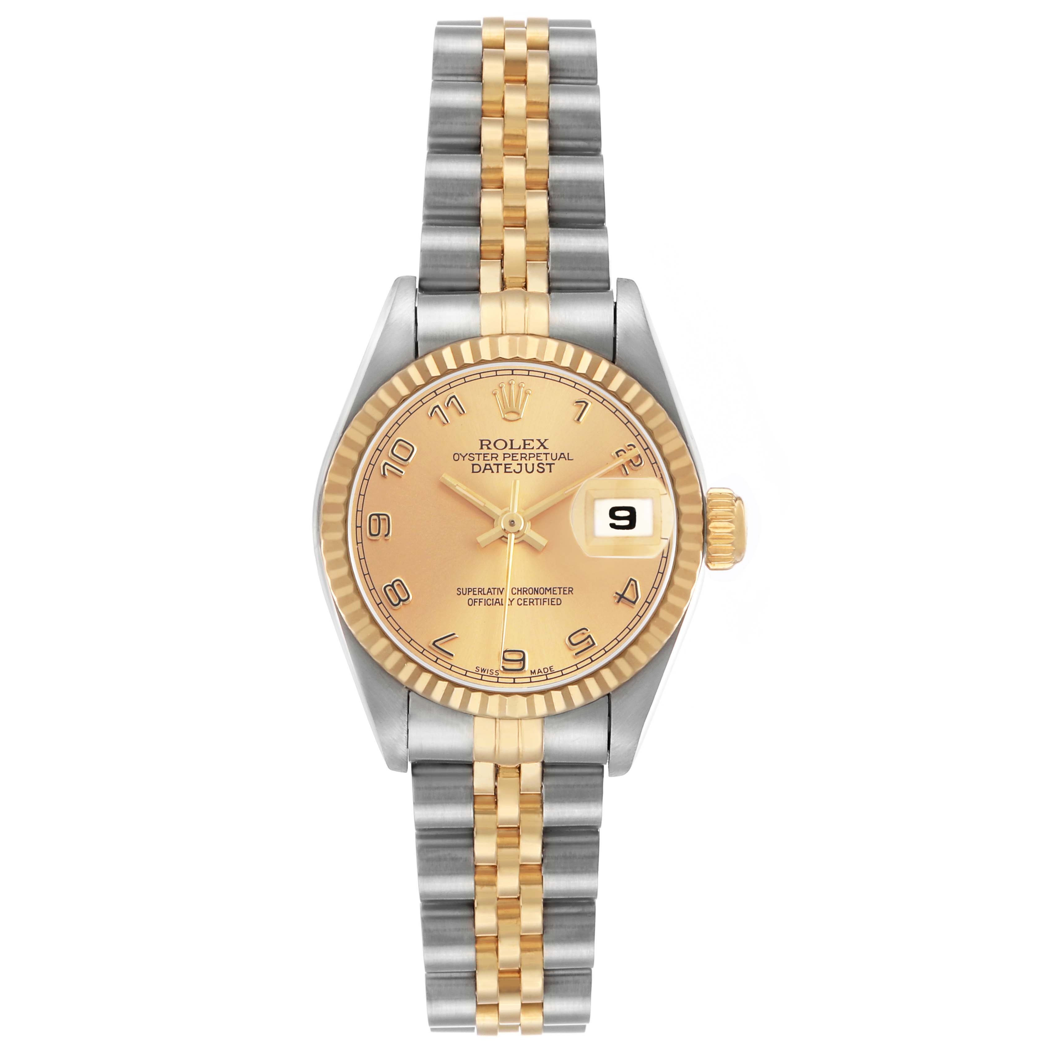 The Rolex Datejust 69173 Women's Stainless Steel Champagne Dial watch is shown from the front angle, displaying the dial, bezel, bracelet, and crown.