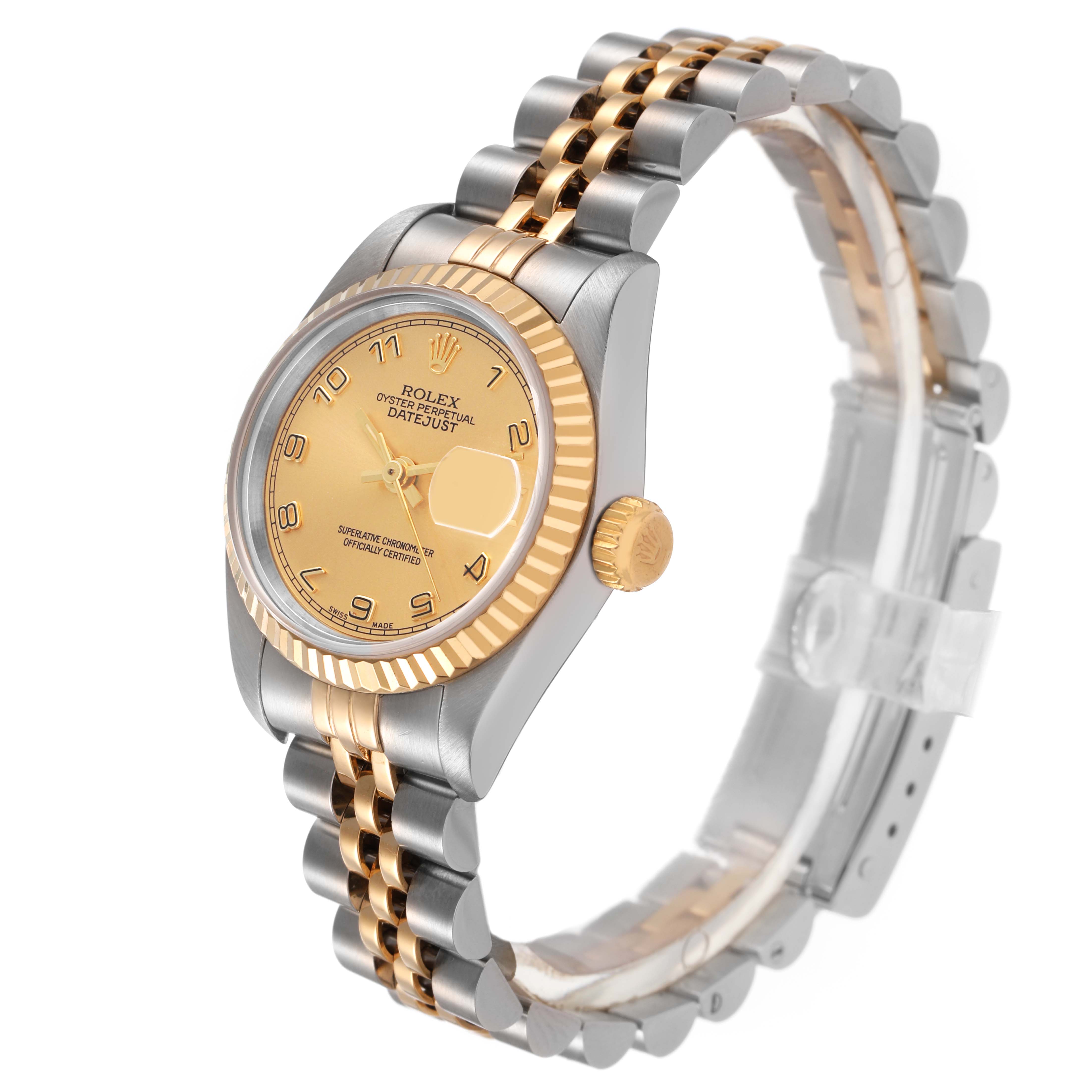 The Rolex Datejust 69173 Women's Stainless Steel Champagne Dial watch is shown from an angled side view, highlighting its face, fluted bezel, crown, and two-tone bracelet.