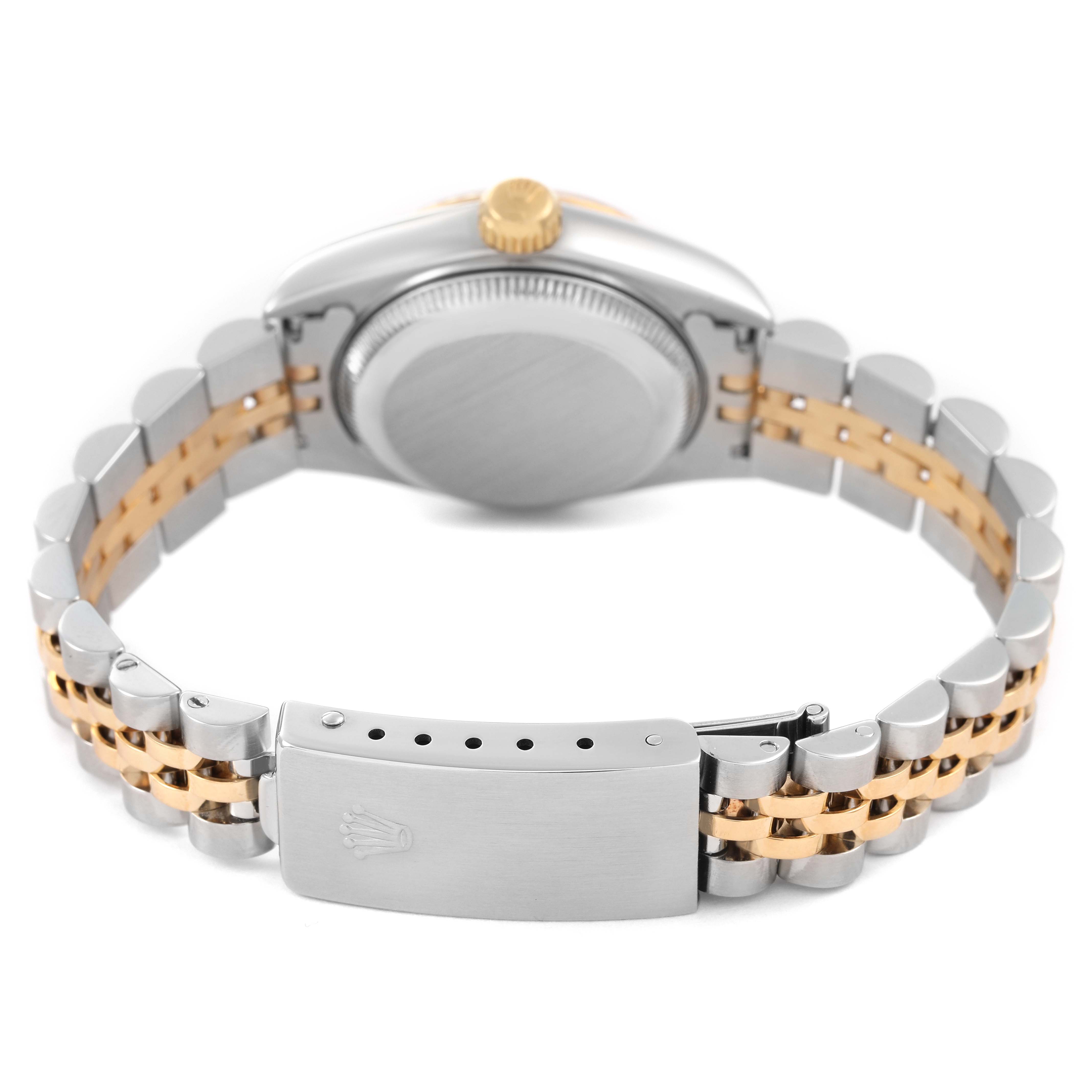 The image shows the back of a Rolex Datejust 69173 Women's Stainless Steel Champagne Dial watch, highlighting its bracelet, clasp, and case back.