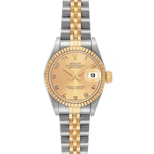 The Rolex Datejust 69173 Women's Stainless Steel Champagne Dial watch is shown from a top view, displaying the dial, bezel, casing, and bracelet.