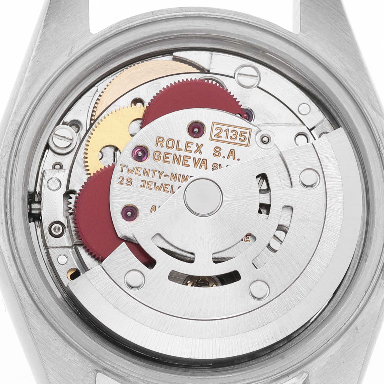 The image shows the movement of a Rolex Datejust 69173 Women's Stainless Steel Champagne Dial watch from the back, highlighting the rotor and gears.