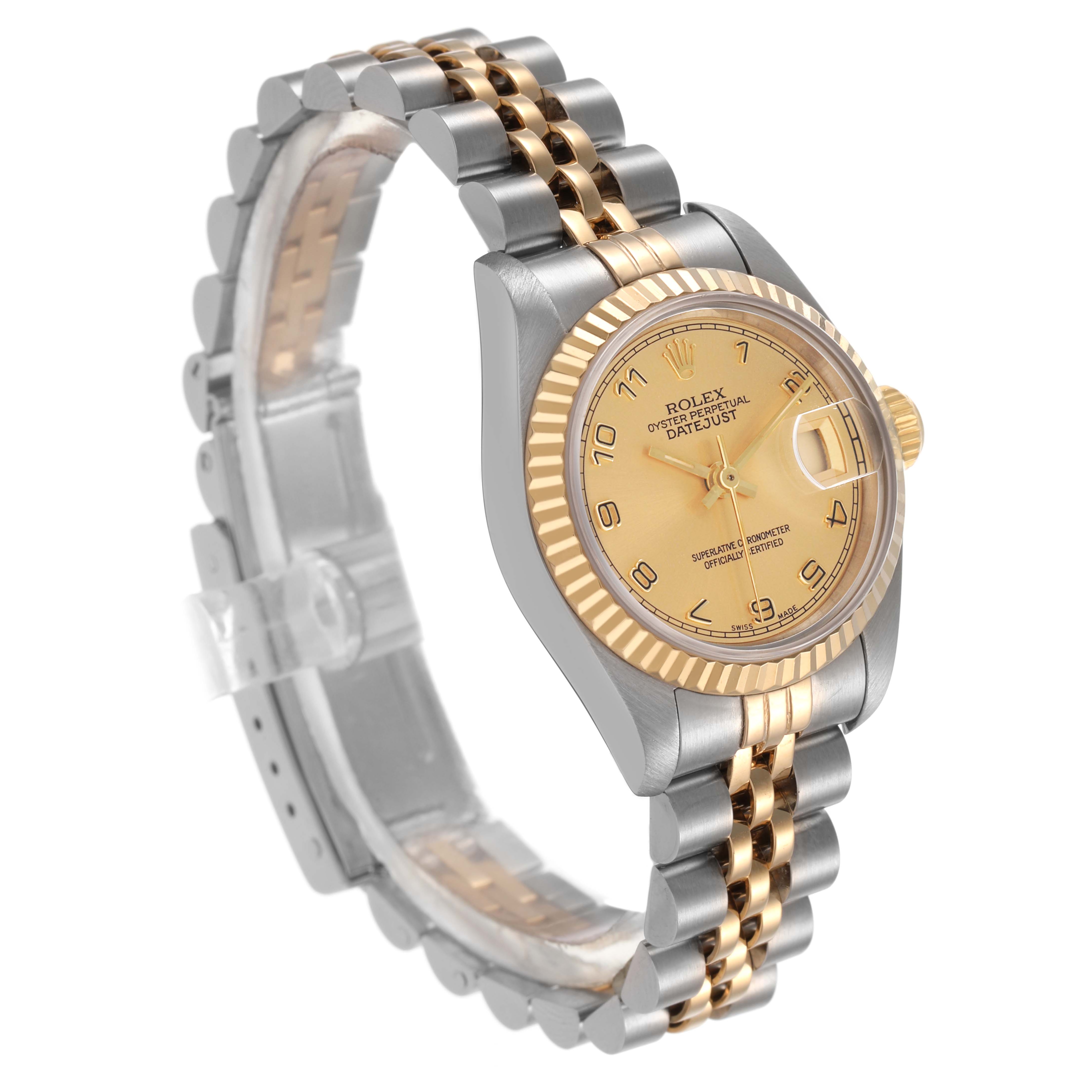 The Rolex Datejust 69173 Women's Stainless Steel Champagne Dial watch is shown at an angle highlighting its face, bezel, and two-tone bracelet.