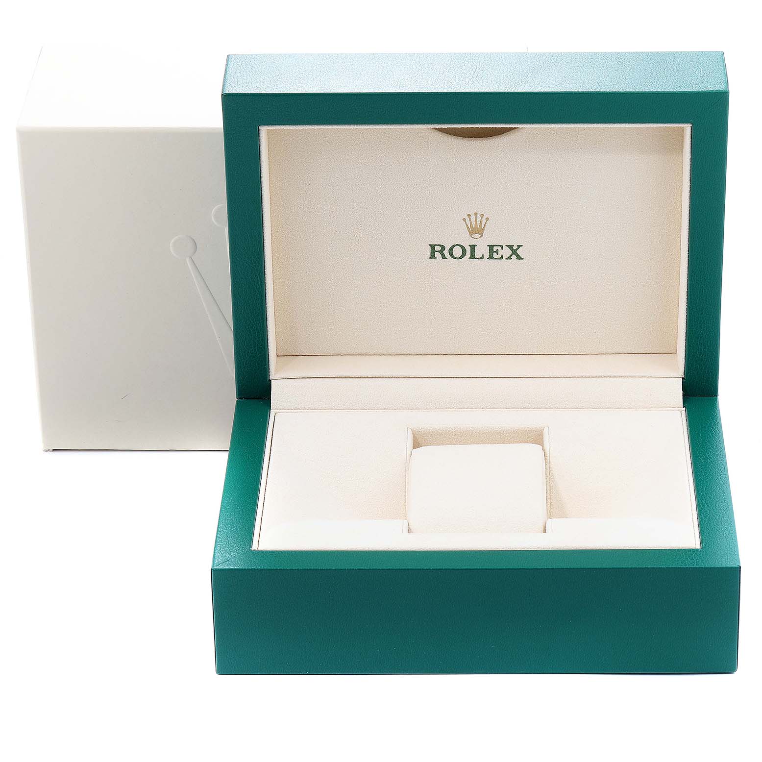 The image shows an open green Rolex watch box for the Datejust model, with its cream-colored interior.
