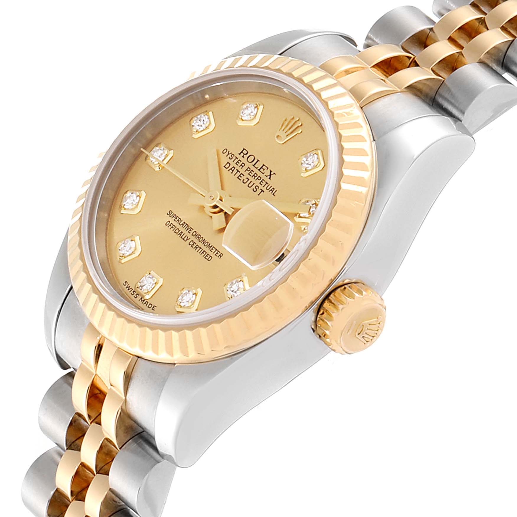 This image showcases the Rolex Datejust 179173 Women
s Steel and Gold (two tone) Champagne Dial 179173 Women
s Steel and Gold (two tone) Champagne Dial model at a three-quarter angle, highlighting the gold dial, bezel, crown, and two-tone bracelet.