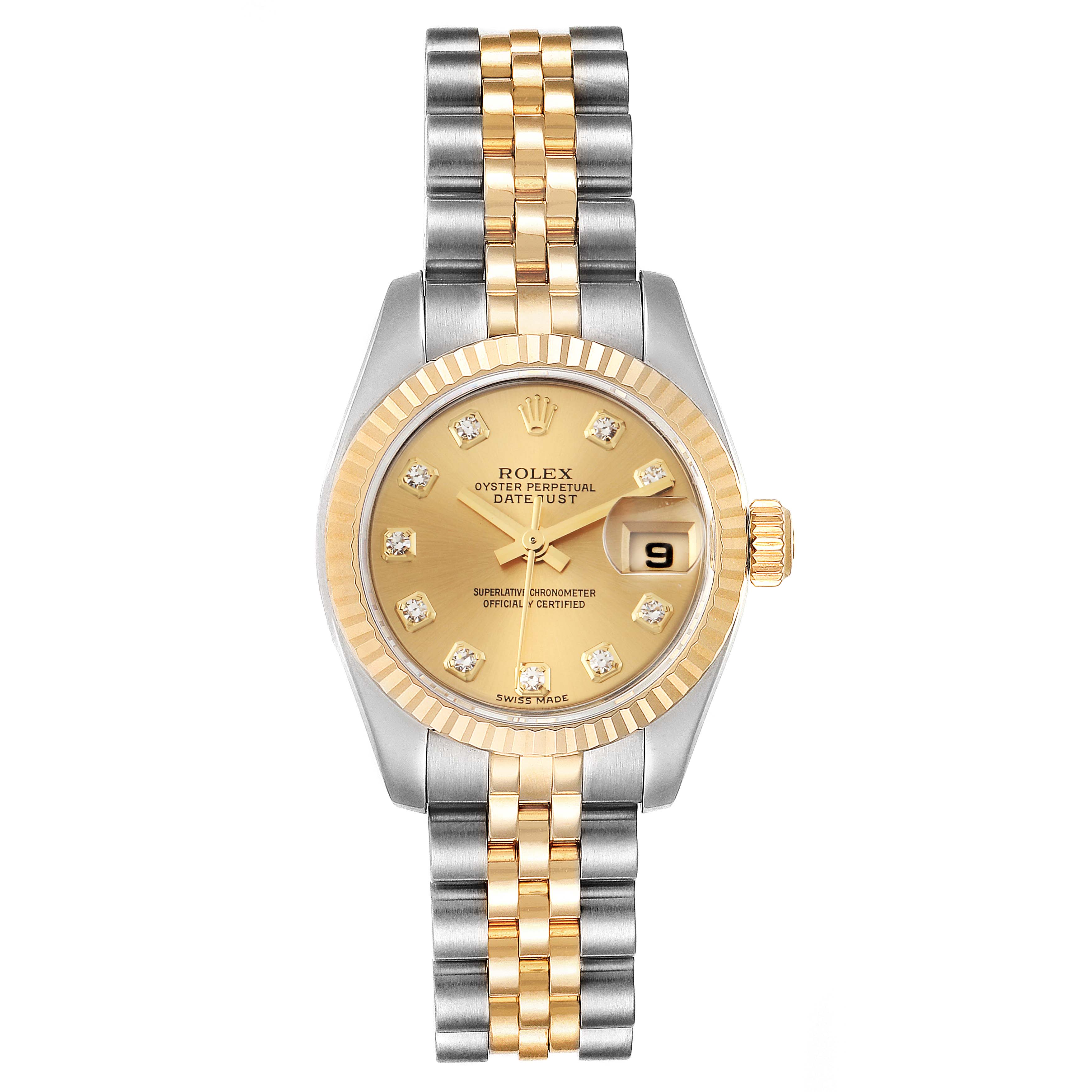 The image shows a Rolex Datejust 179173 Women
s Steel and Gold (two tone) Champagne Dial 179173 Women
s Steel and Gold (two tone) Champagne Dial watch with a two-tone metal bracelet, gold bezel, and a champagne dial with diamond hour markers.