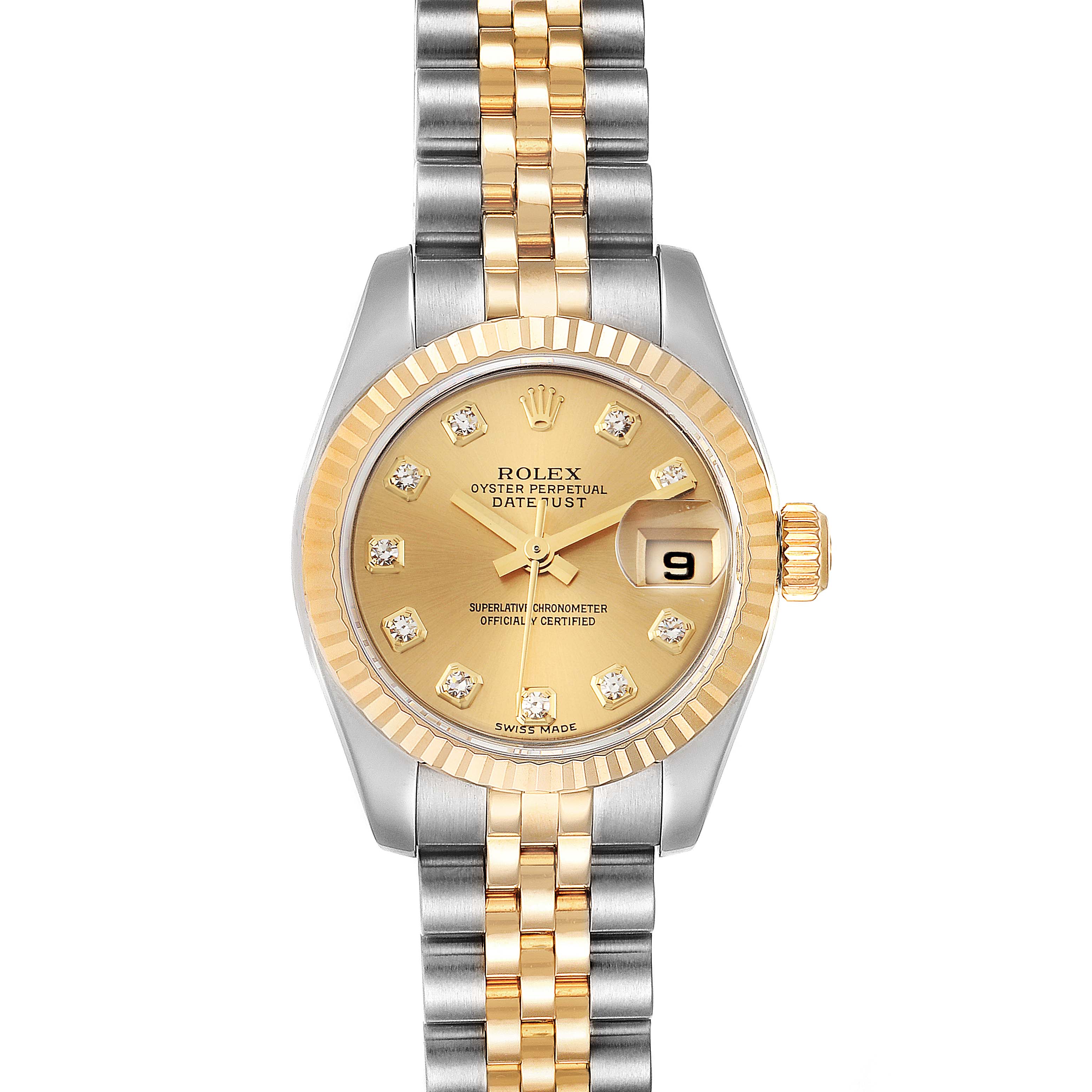 The image shows a Rolex Datejust 179173 Women
s Steel and Gold (two tone) Champagne Dial 179173 Women
s Steel and Gold (two tone) Champagne Dial watch from a top-down angle, highlighting the dial, bezel, and bracelet.
