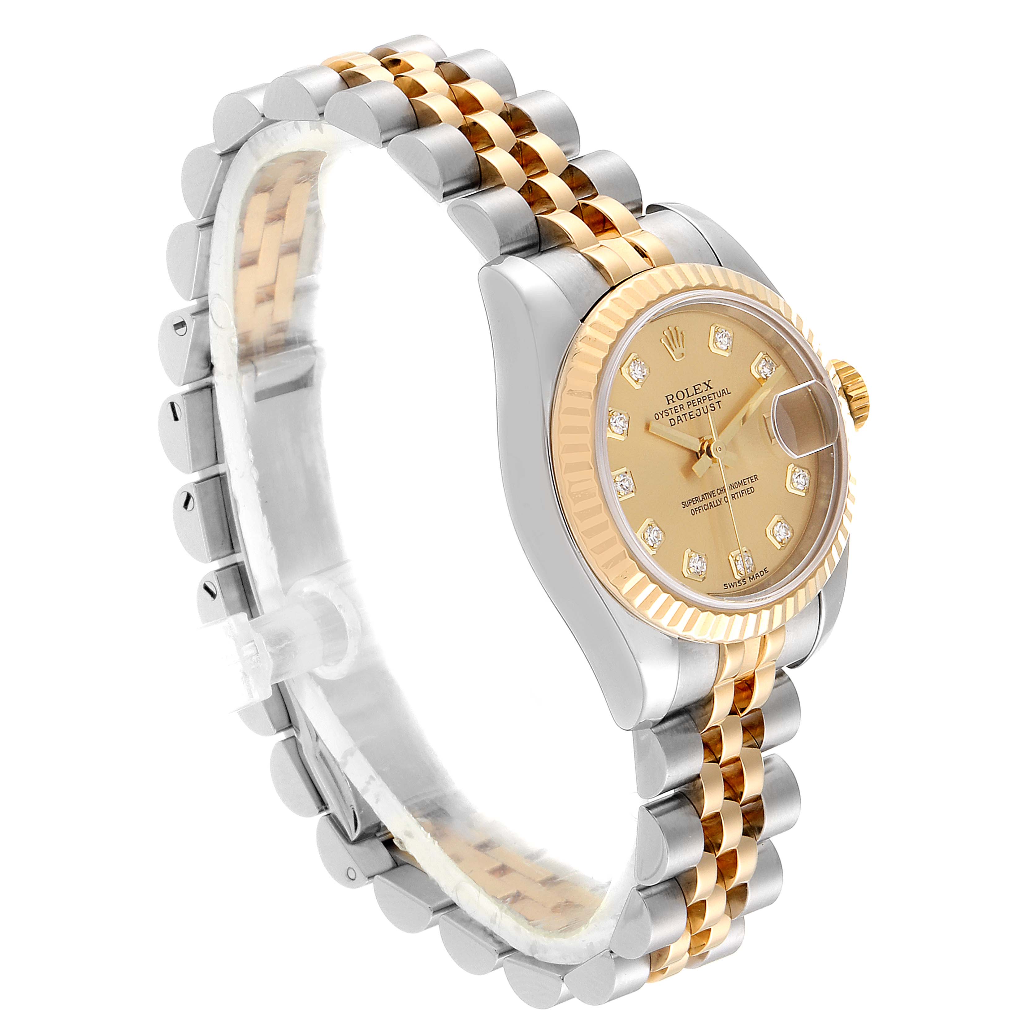 This image shows a side angle of a Rolex Datejust 179173 Women
s Steel and Gold (two tone) Champagne Dial 179173 Women
s Steel and Gold (two tone) Champagne Dial watch, highlighting the gold and silver bracelet, and the round face with diamond markers.