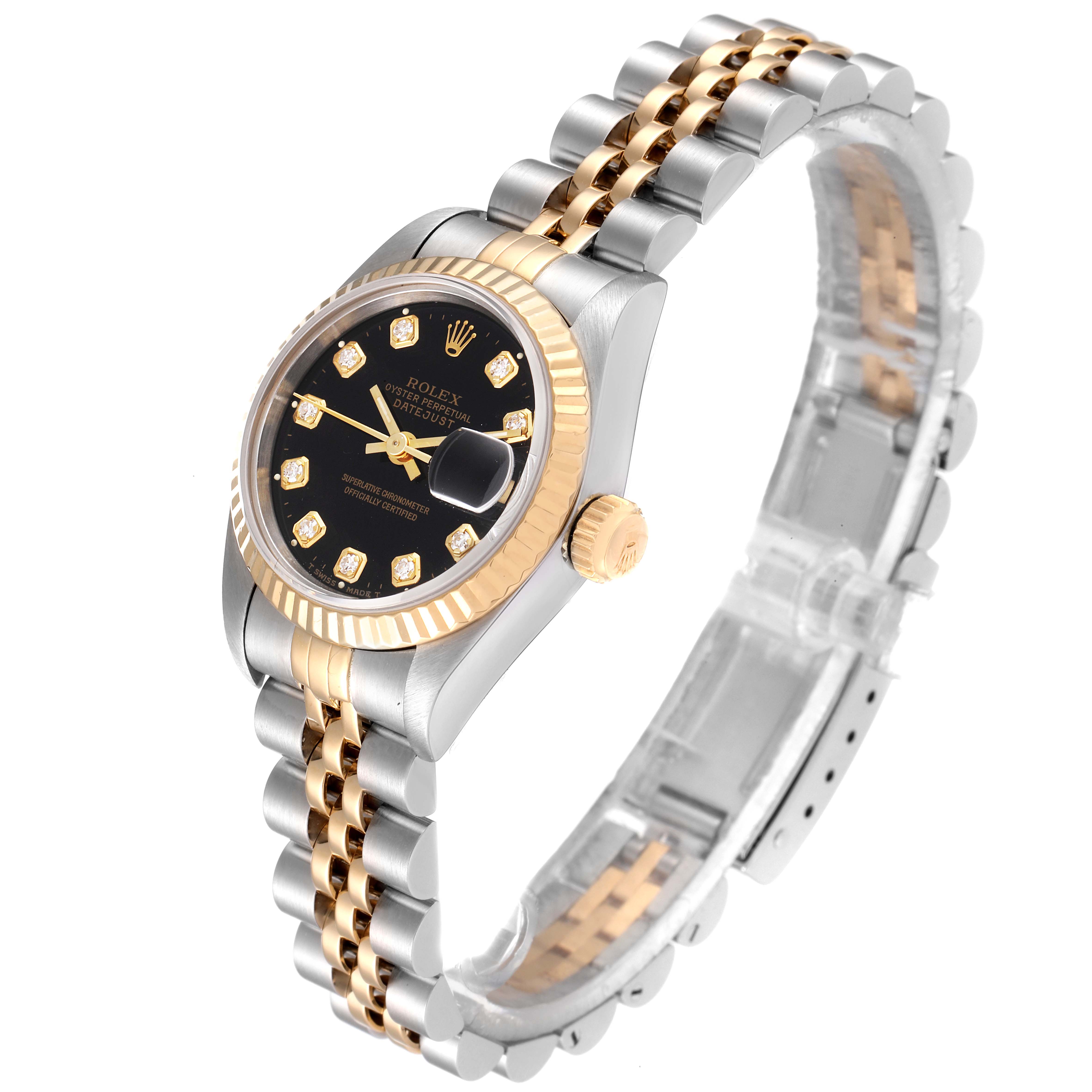This Rolex Datejust 69173 Women's Steel and Gold (two tone) Black Dial 69173 Women's Steel and Gold (two tone) Black Dial watch is shown at an angled view, highlighting the dial, bezel, crown, and two-tone bracelet.