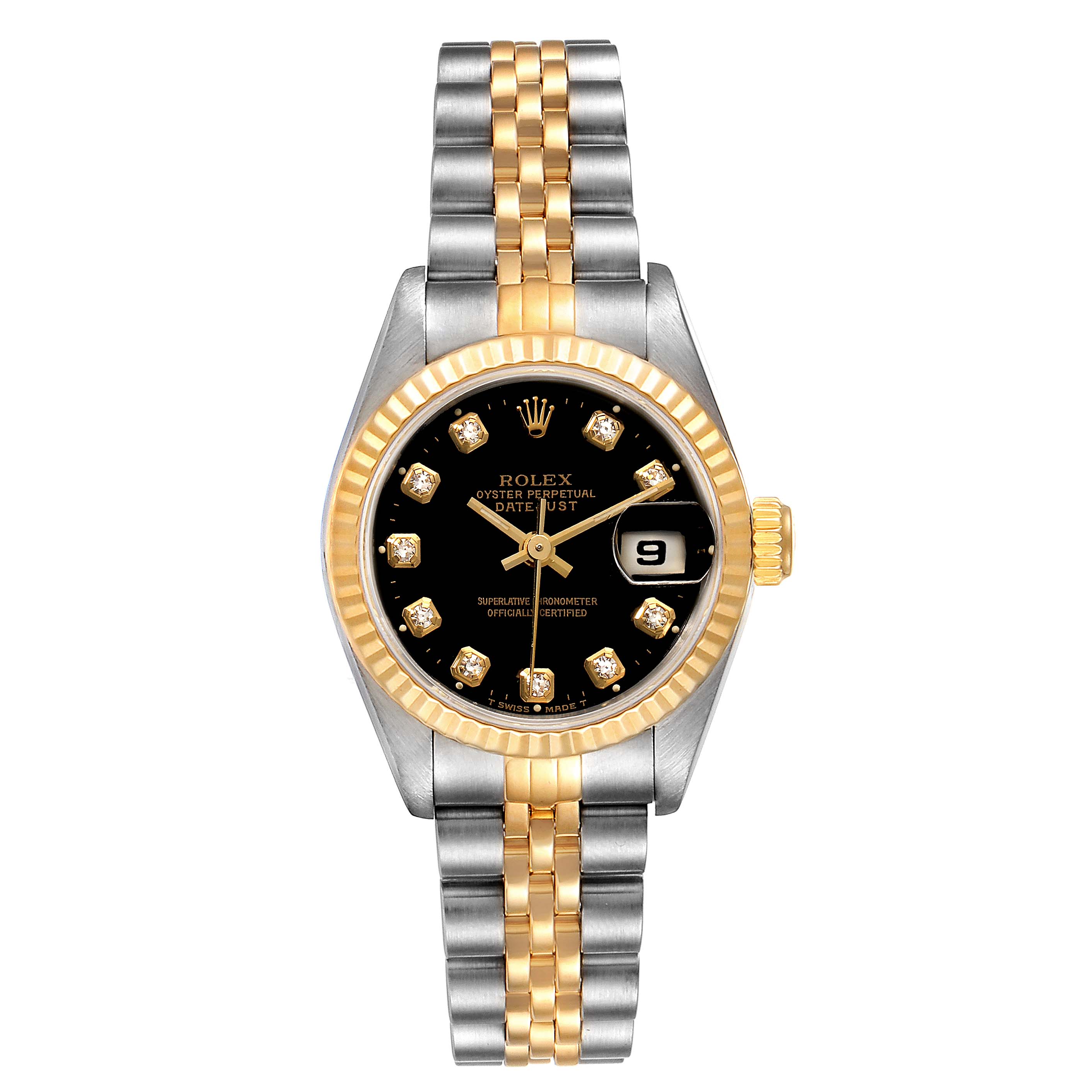 This image shows a Rolex Datejust 69173 Women's Steel and Gold (two tone) Black Dial 69173 Women's Steel and Gold (two tone) Black Dial watch from a front angle, highlighting its two-tone bracelet, black dial, and date window.