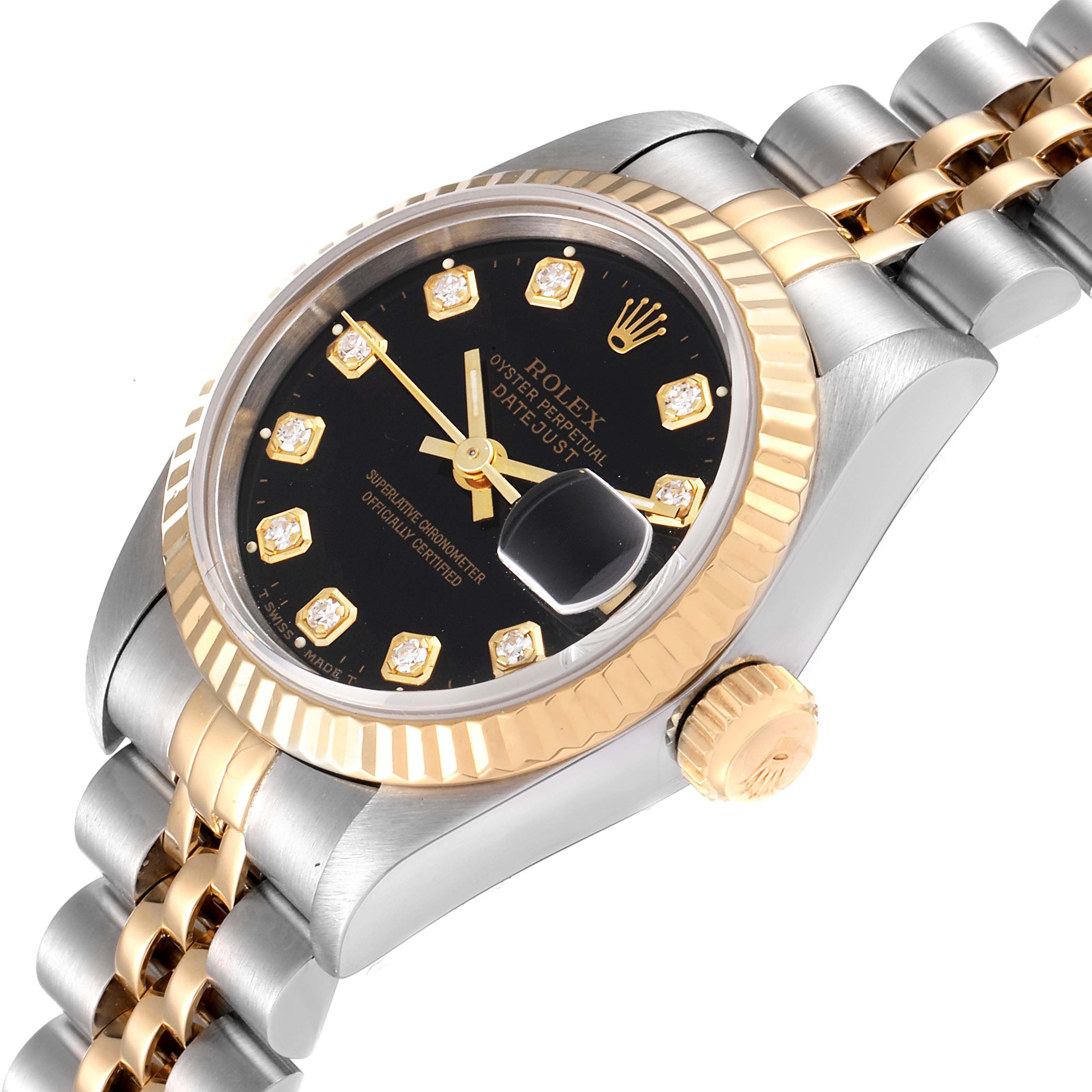 The image shows a close-up angled view of the Rolex Datejust 69173 Women's Steel and Gold (two tone) Black Dial 69173 Women's Steel and Gold (two tone) Black Dial watch, highlighting its bezel, crown, and bracelet.
