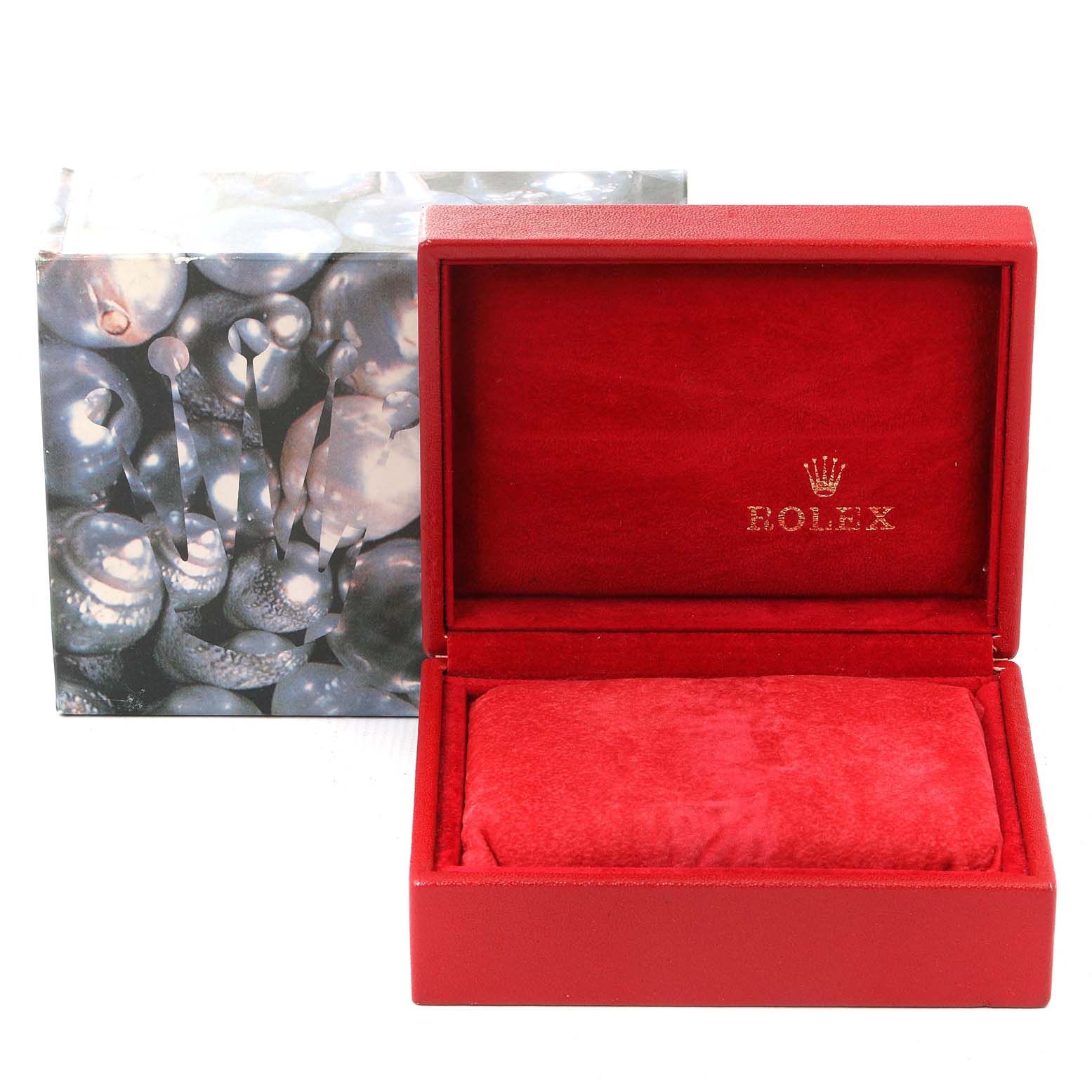 The image shows an open red Rolex Datejust 69173 Women's Steel and Gold (two tone) Black Dial 69173 Women's Steel and Gold (two tone) Black Dial watch box with a padded interior and the outer box placed behind it.