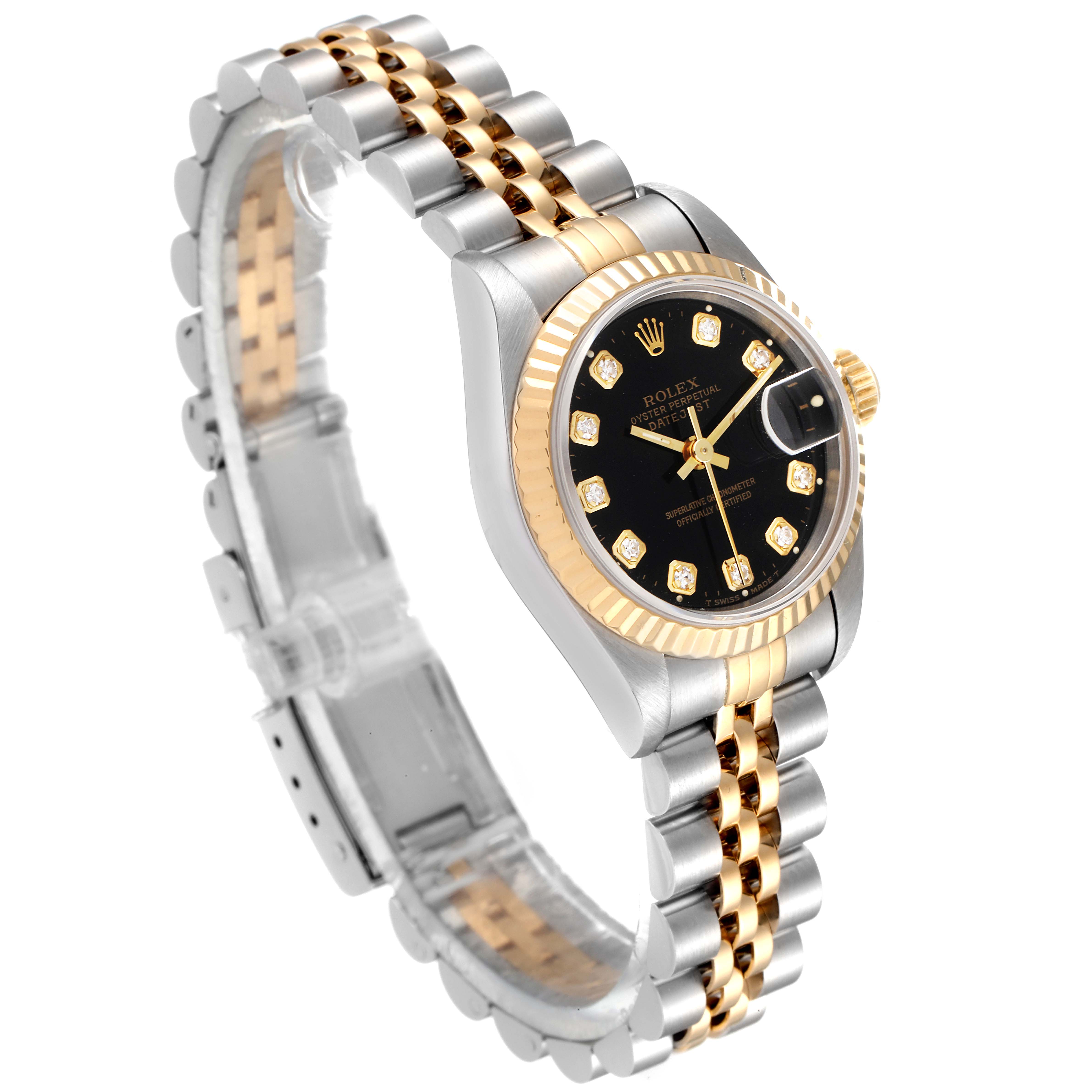The Rolex Datejust 69173 Women's Steel and Gold (two tone) Black Dial 69173 Women's Steel and Gold (two tone) Black Dial watch is shown at an angled view, highlighting its two-tone bracelet, fluted bezel, and black dial with diamond hour markers.