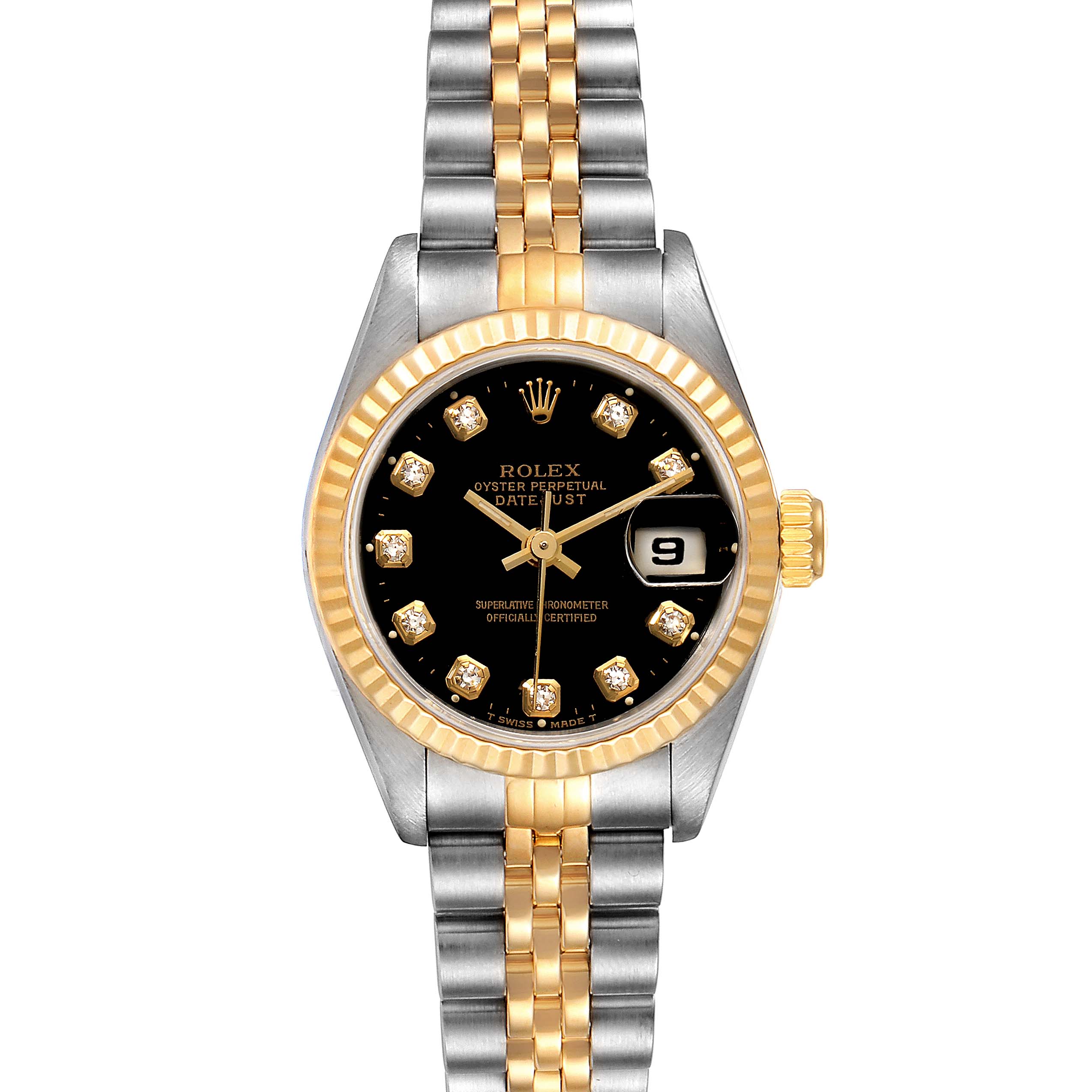This Rolex Datejust 69173 Women's Steel and Gold (two tone) Black Dial 69173 Women's Steel and Gold (two tone) Black Dial watch is shown from above, featuring a black dial, diamond hour markers, a date window, and a two-tone bracelet.