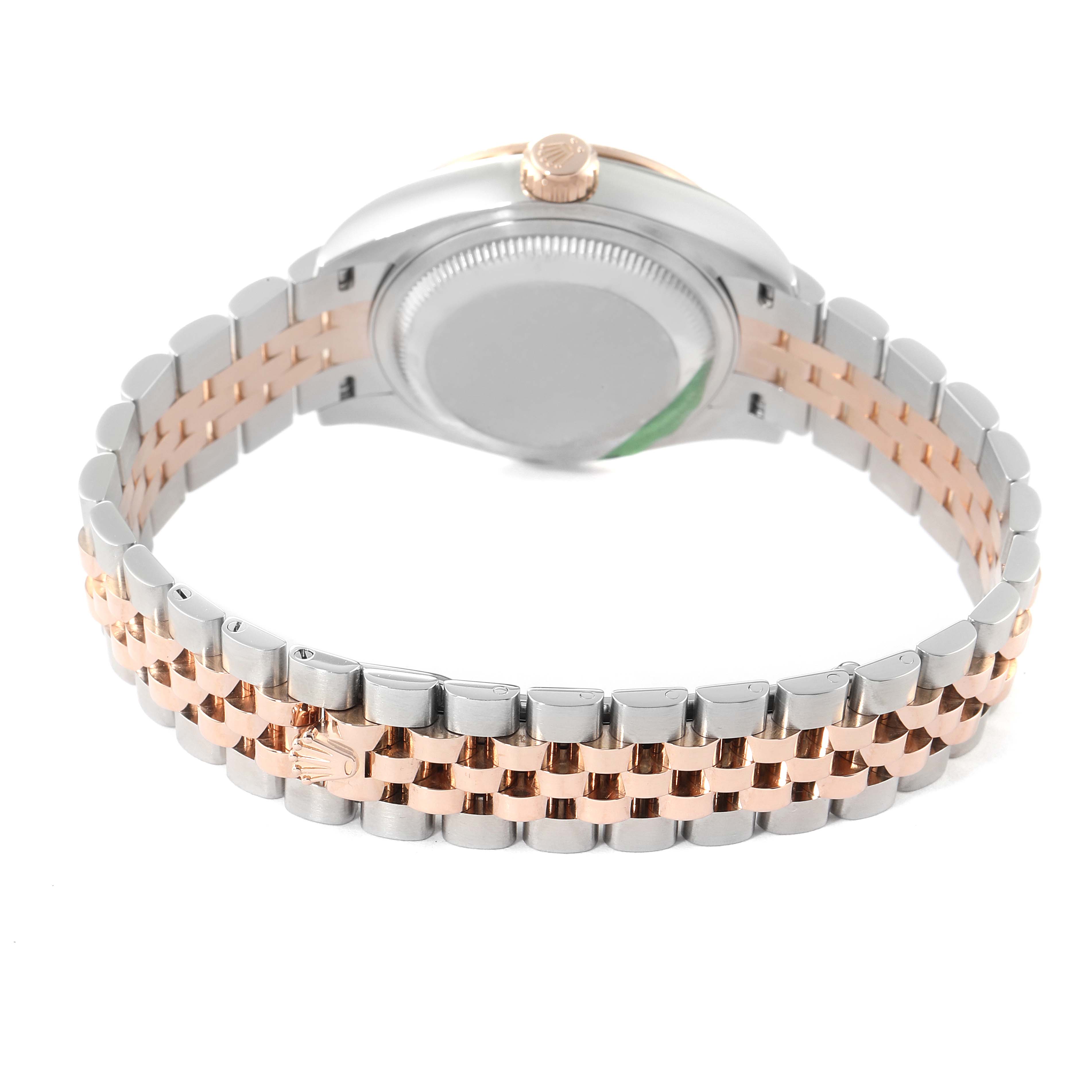 The image shows the back of a Rolex Datejust 279381 Women's Steel and Gold (two tone) Brown Dial 279381 Women's Steel and Gold (two tone) Brown Dial watch, focusing on the caseback and two-tone Jubilee bracelet.