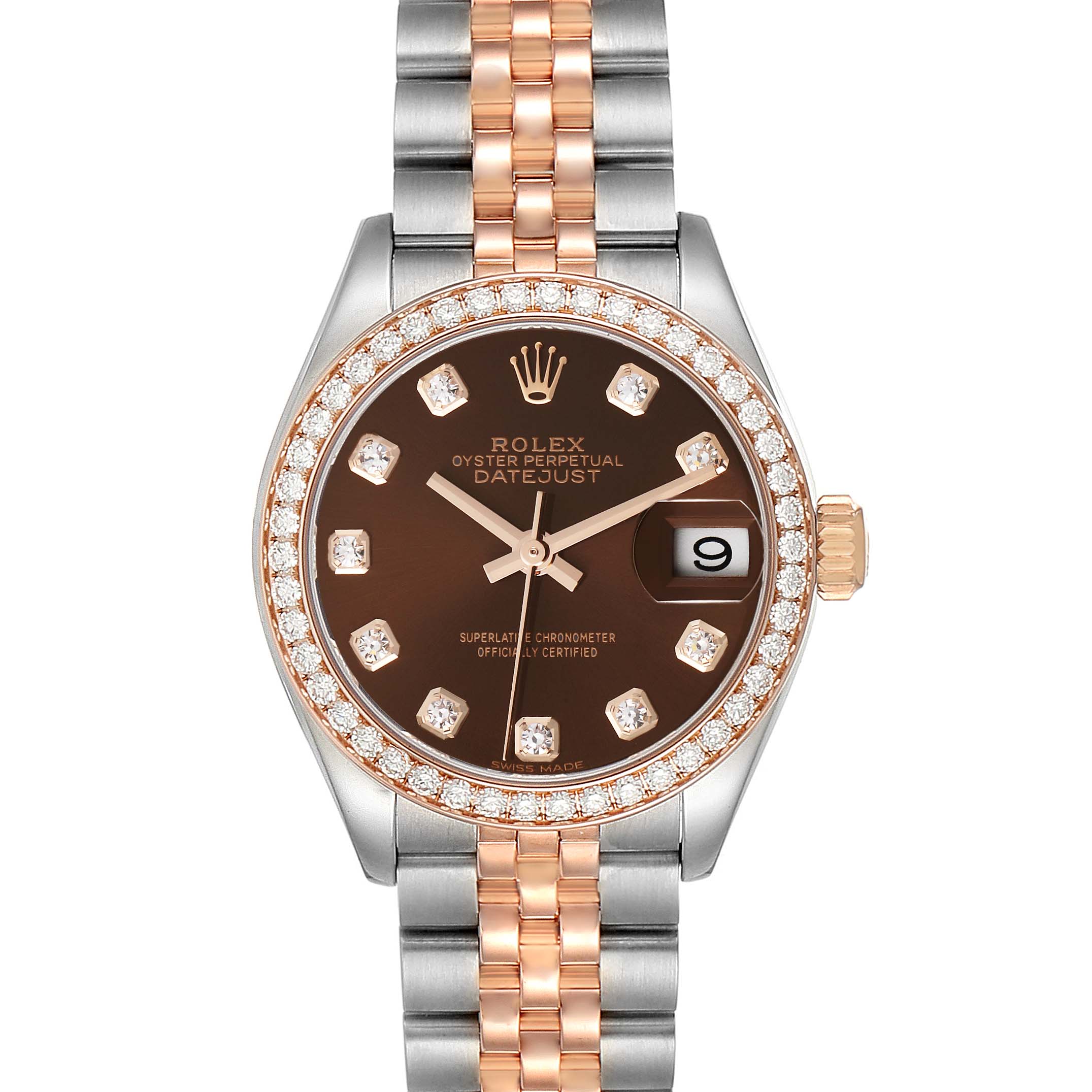 The image shows a front view of a Rolex Datejust 279381 Women's Steel and Gold (two tone) Brown Dial 279381 Women's Steel and Gold (two tone) Brown Dial watch with a two-tone bracelet, diamond bezel, and a brown dial.