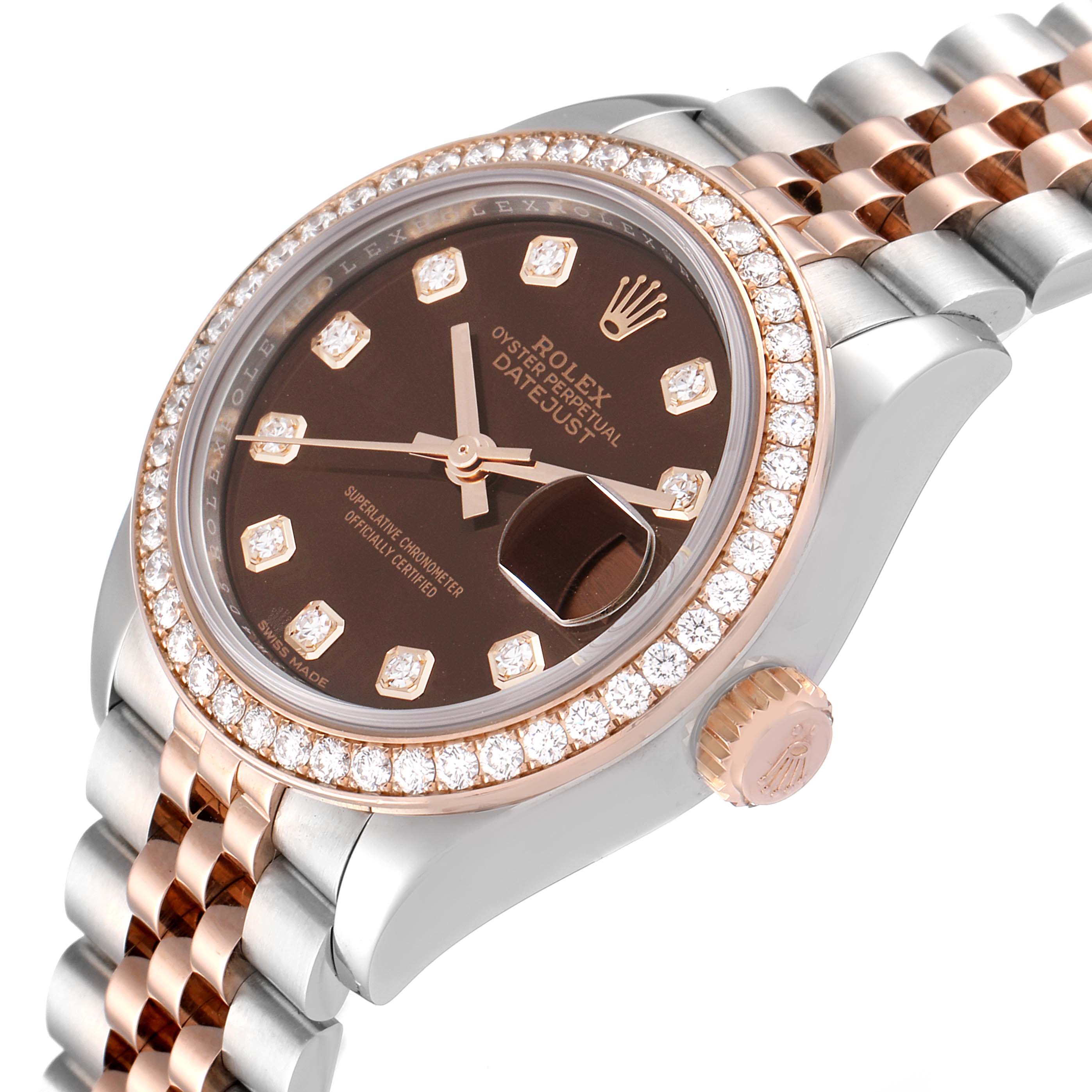 The image shows a Rolex Datejust 279381 Women's Steel and Gold (two tone) Brown Dial 279381 Women's Steel and Gold (two tone) Brown Dial watch from an angled top view, highlighting the dial, bezel, crown, and part of the bracelet.
