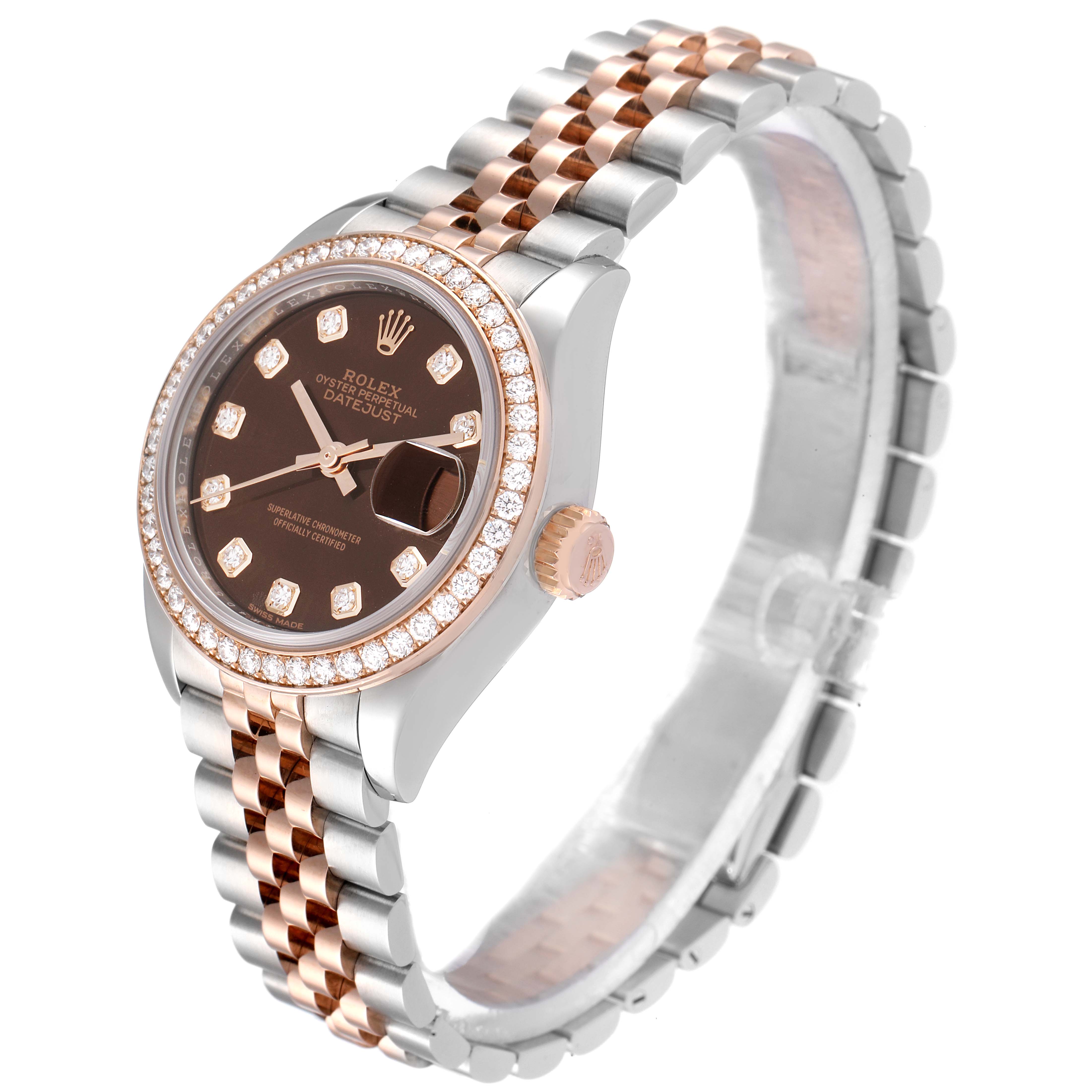 The image shows a Rolex Datejust 279381 Women's Steel and Gold (two tone) Brown Dial 279381 Women's Steel and Gold (two tone) Brown Dial watch at a side angle, highlighting the dial, bezel, crown, and two-tone bracelet.