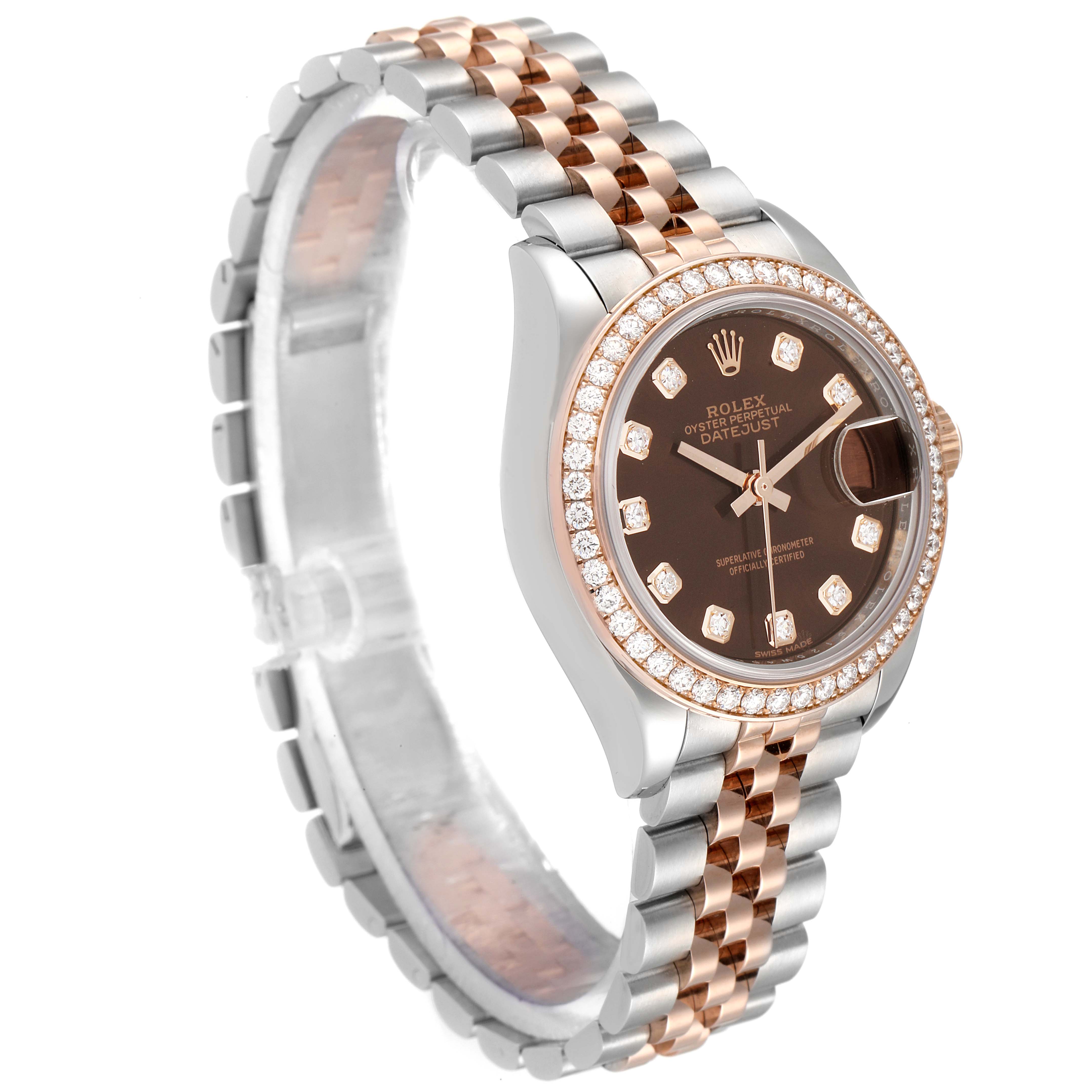 The Rolex Datejust 279381 Women's Steel and Gold (two tone) Brown Dial 279381 Women's Steel and Gold (two tone) Brown Dial watch is shown at a three-quarter angle, highlighting its dial, bezel, and two-tone bracelet.
