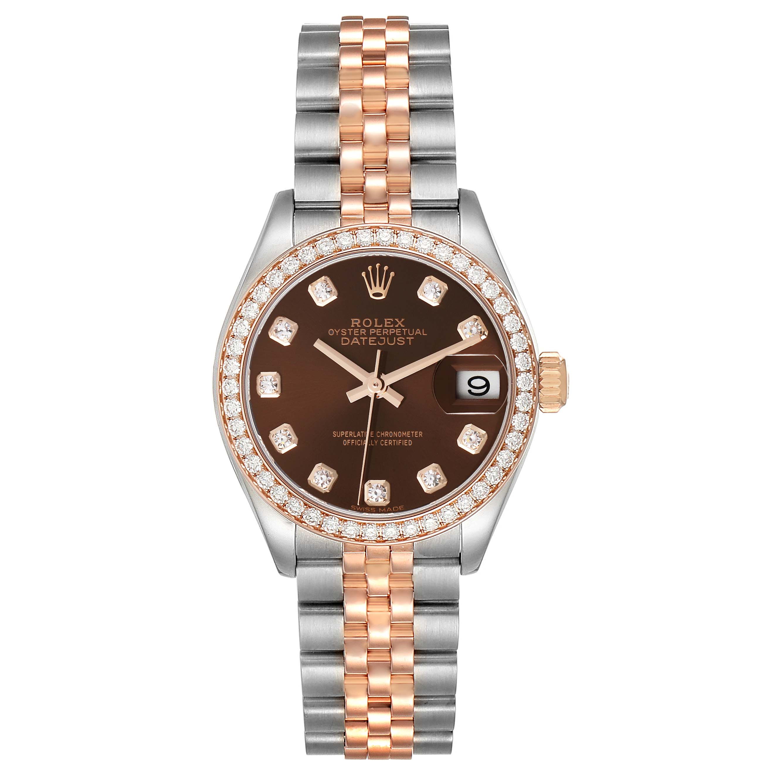 This is a front view of a Rolex Datejust 279381 Women's Steel and Gold (two tone) Brown Dial 279381 Women's Steel and Gold (two tone) Brown Dial watch showing the dial, bezel, bracelet, and date window.