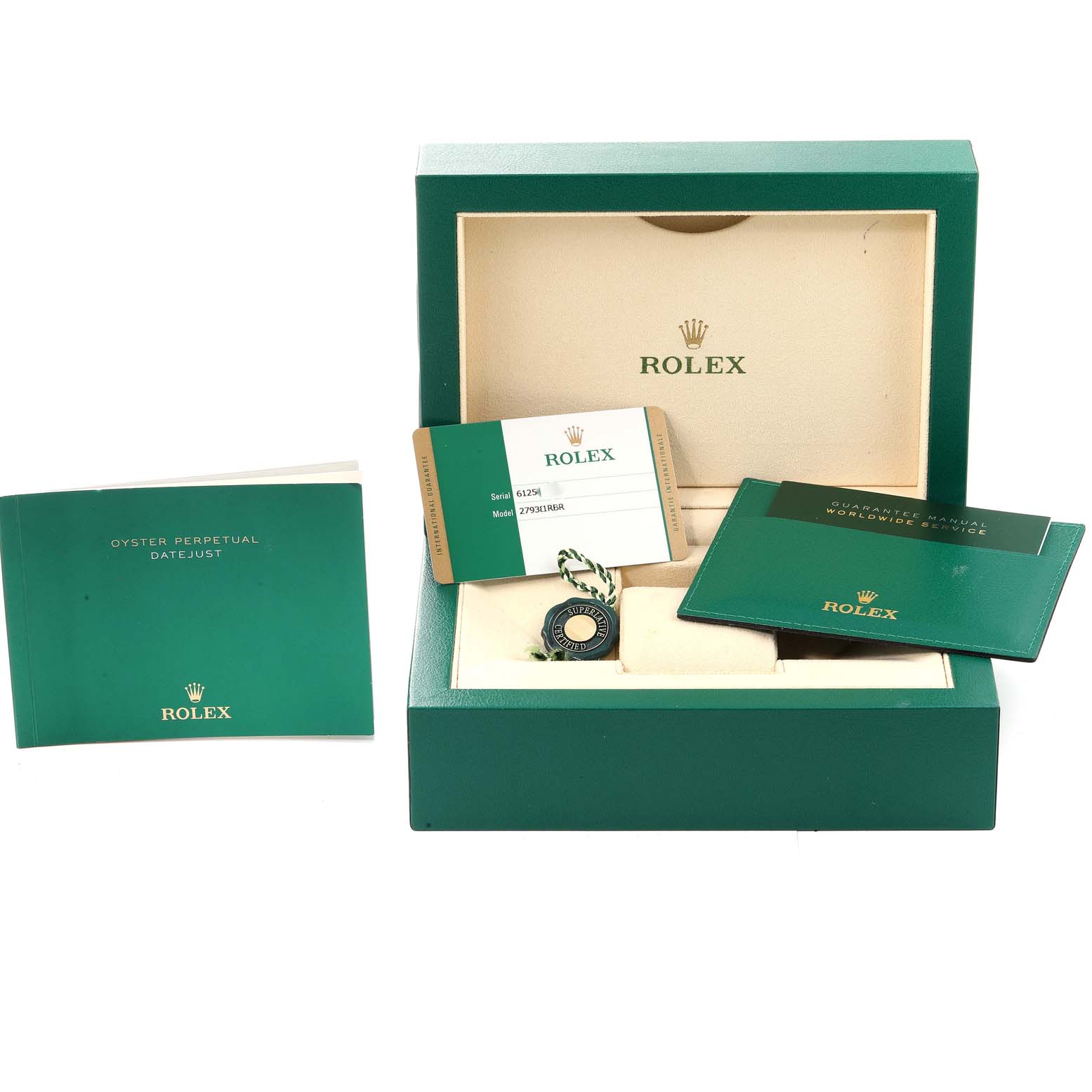 This image shows the packaging, certificate, manuals, and accessories for a Rolex Datejust 279381 Women's Steel and Gold (two tone) Brown Dial 279381 Women's Steel and Gold (two tone) Brown Dial model watch.