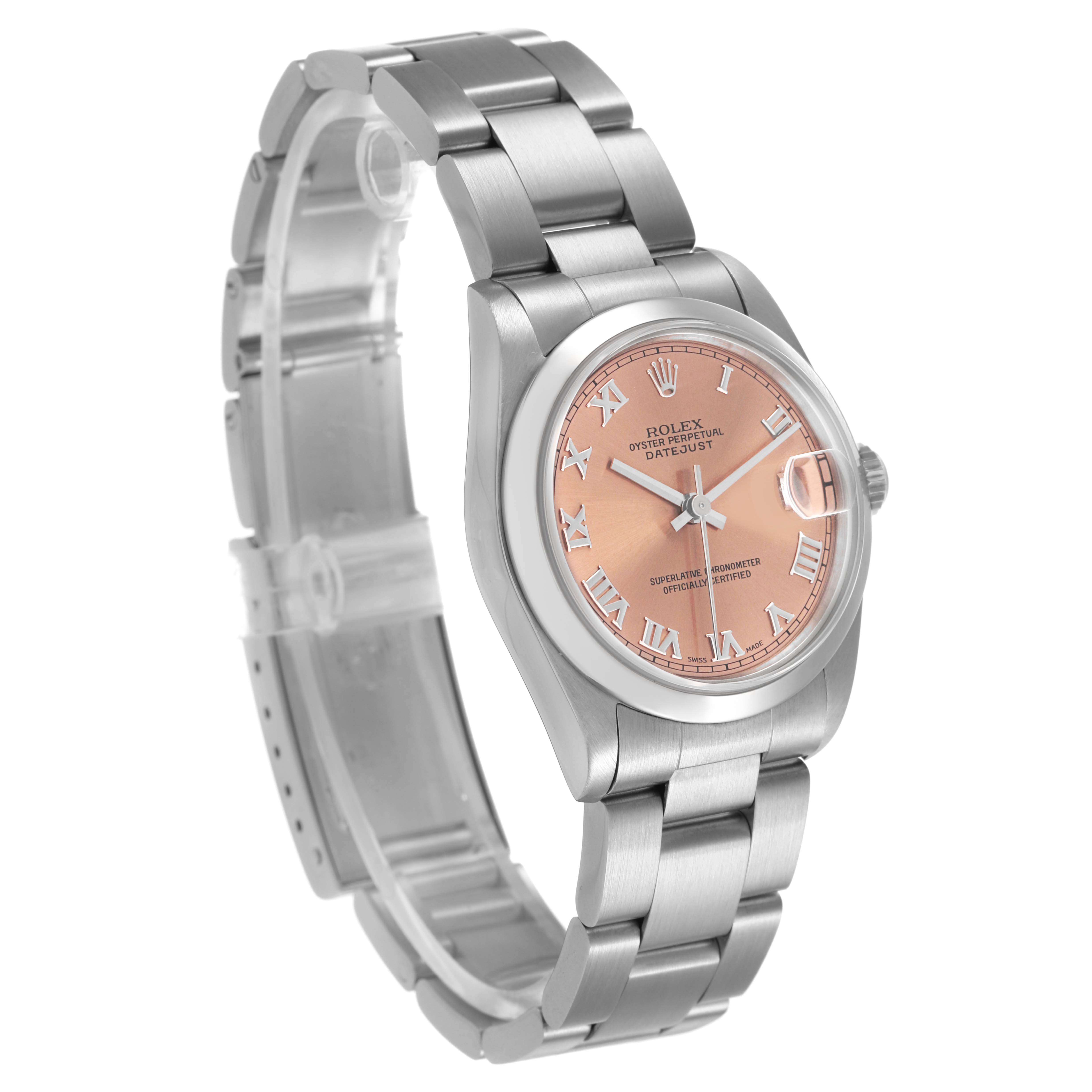 The Rolex Datejust Mid-Size watch is shown at a three-quarter angle, highlighting its dial, case, and bracelet.