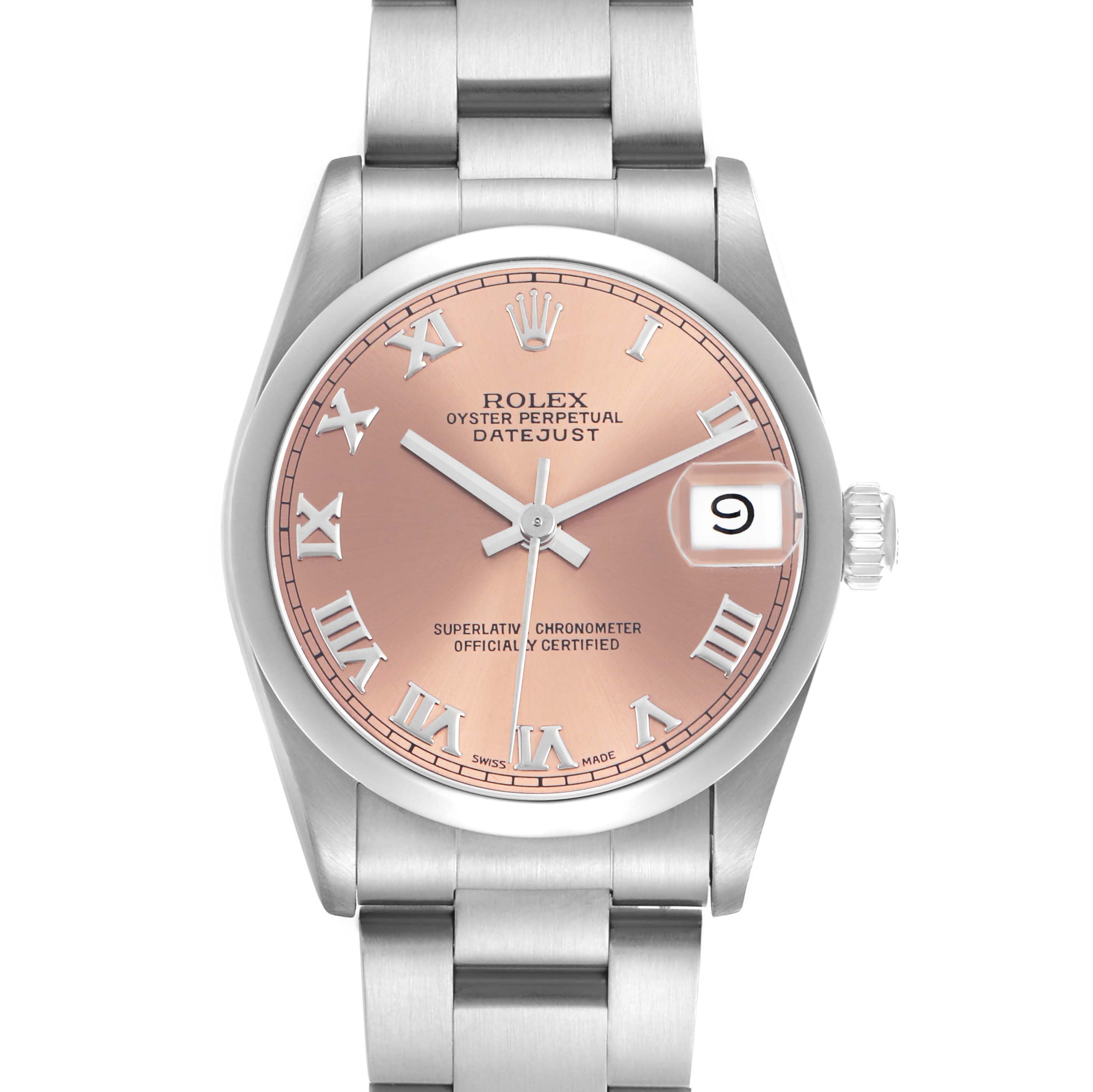 The Rolex Mid-Size 68240 Women's Stainless Steel Pink Dial Datejust is shown from the front, displaying the dial, hands, bracelet, and date window.