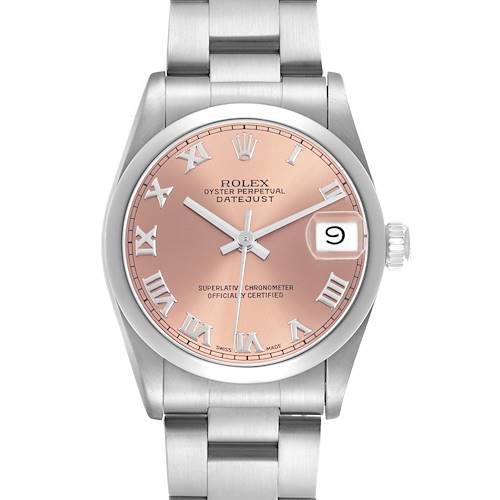 The Rolex Datejust Mid-Size is shown from the front, displaying the dial, hands, date window, bezel, and bracelet.