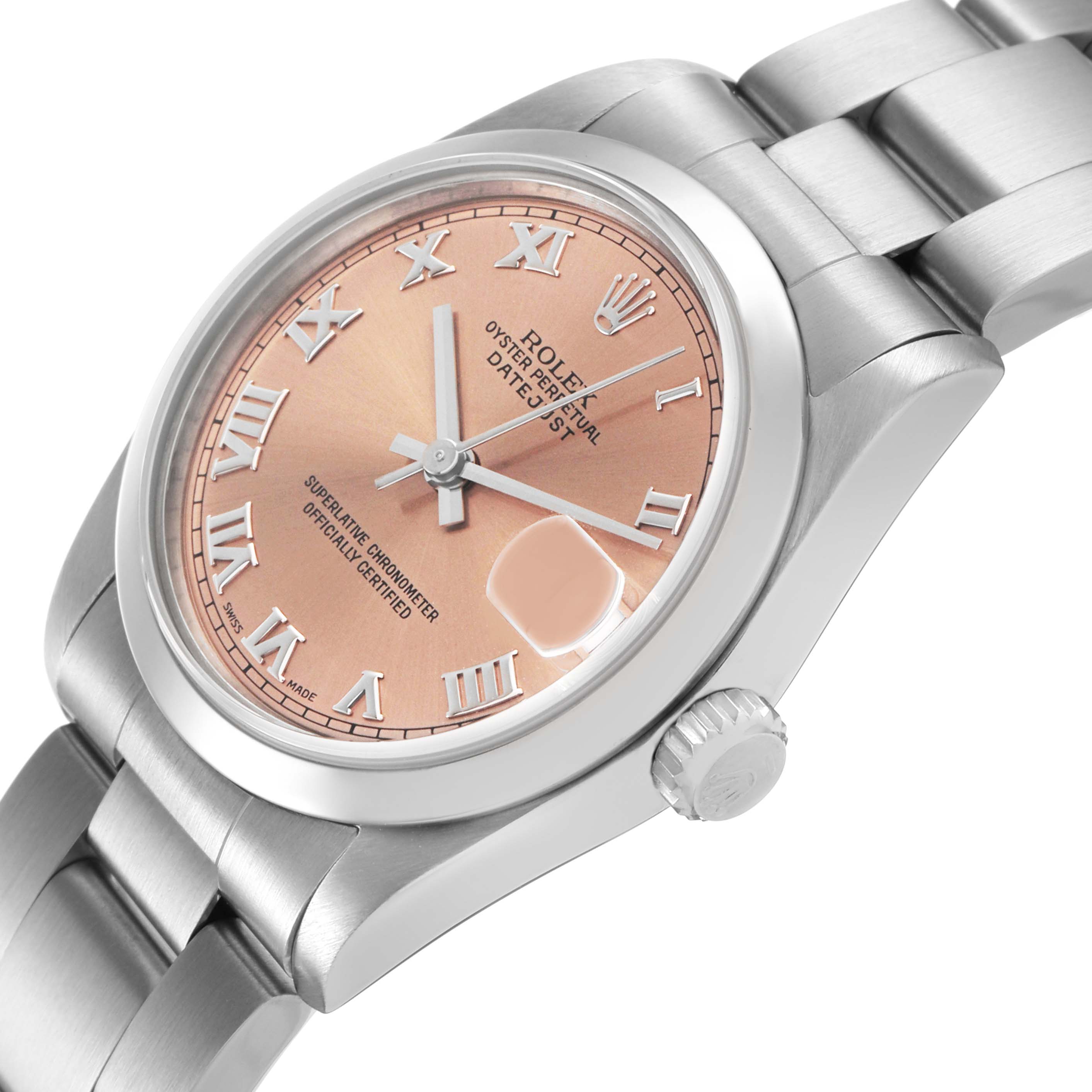 The Rolex Mid-Size 68240 Women's Stainless Steel Pink Dial model is shown from a front-side angle, highlighting its dial, bezel, crown, and part of the bracelet.