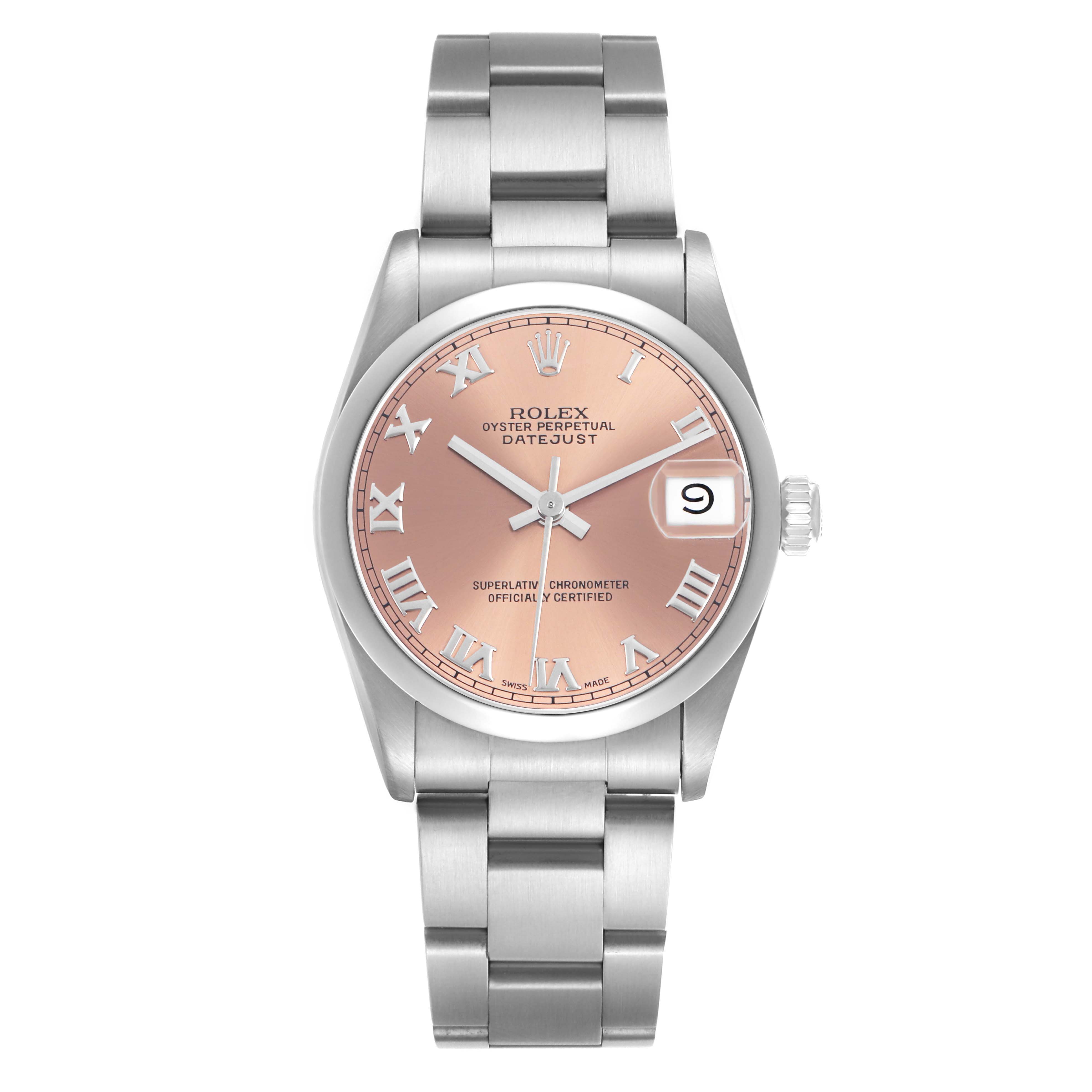 The Rolex Mid-Size 68240 Women's Stainless Steel Pink Dial Datejust watch is shown from a front angle, displaying its pink dial, Roman numerals, and steel bracelet.
