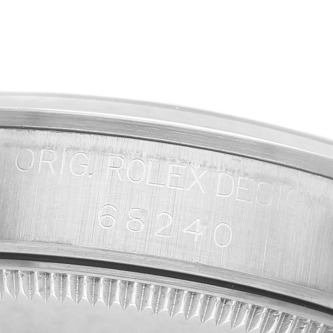 The image shows a close-up of the bezel and inscriptions on a Rolex Mid-Size 68240 Women's Stainless Steel Pink Dial watch, displaying the design number "68240".
