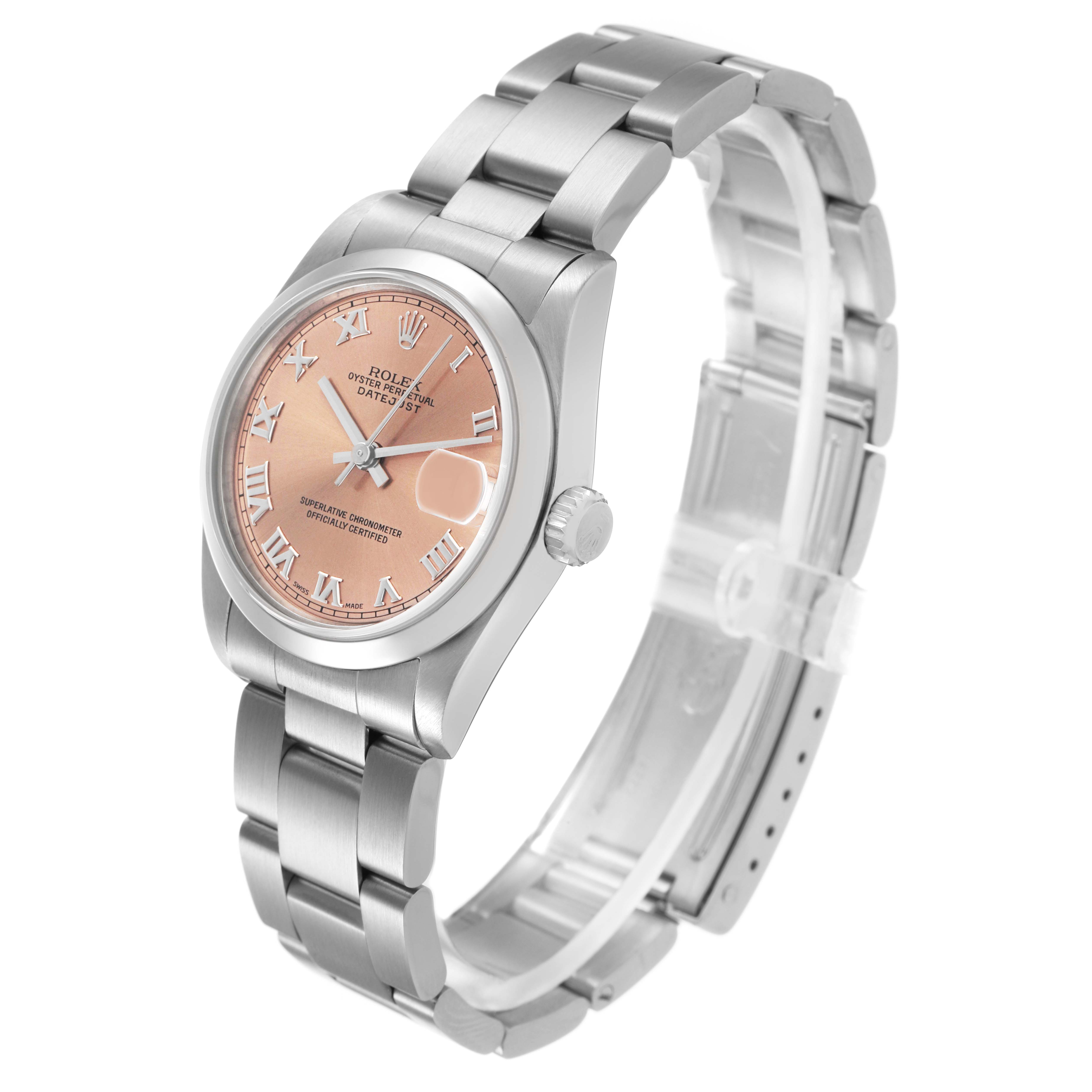 The Rolex Mid-Size 68240 Women's Stainless Steel Pink Dial watch is shown at a three-quarter angle, displaying the case, dial, bracelet, and crown.