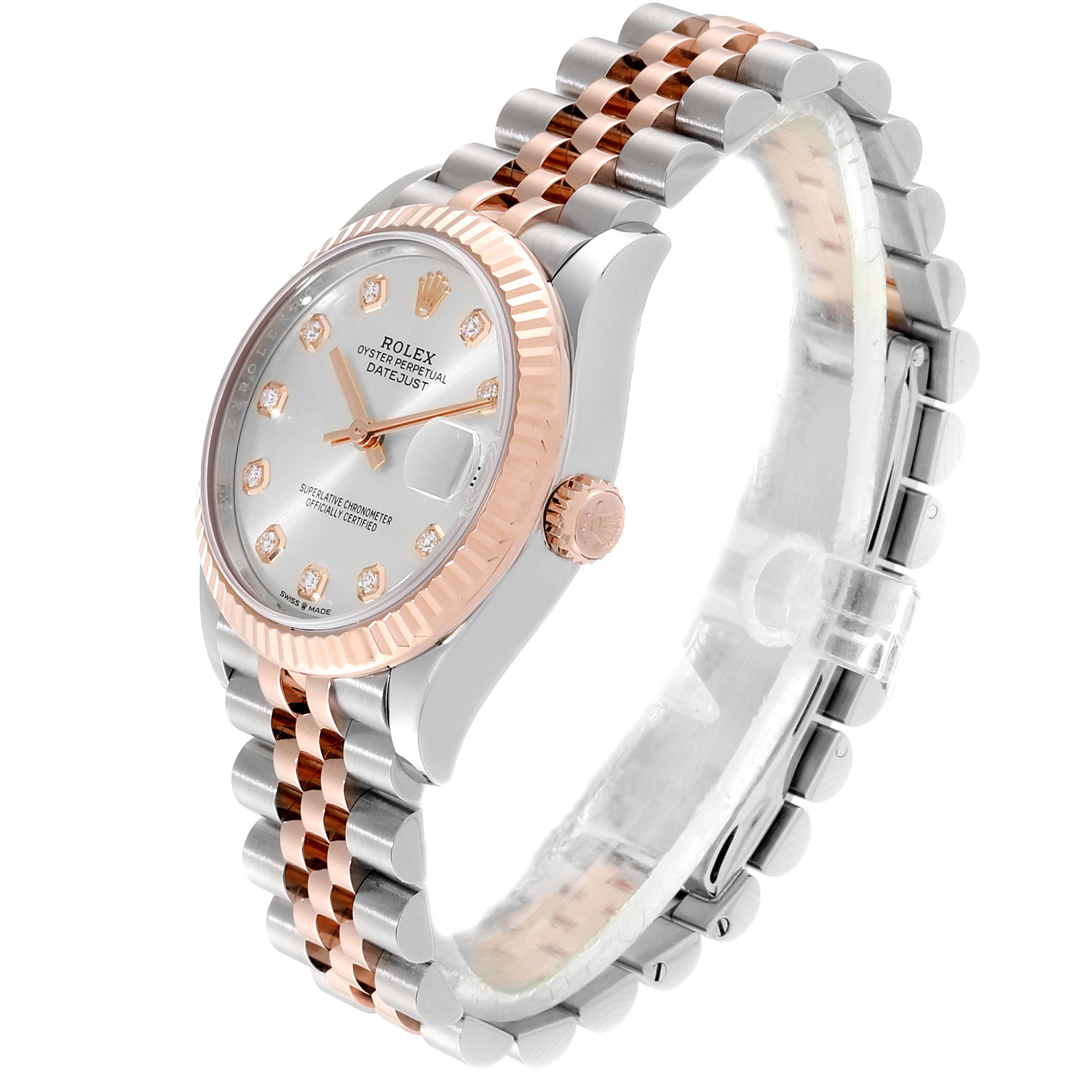 The image shows a side angle of the Rolex Mid-Size 278271 Women
s Rose Gold Silver Dial 278271 Women
s Rose Gold Silver Dial Datejust, highlighting its dial, bezel, crown, and two-tone bracelet.
