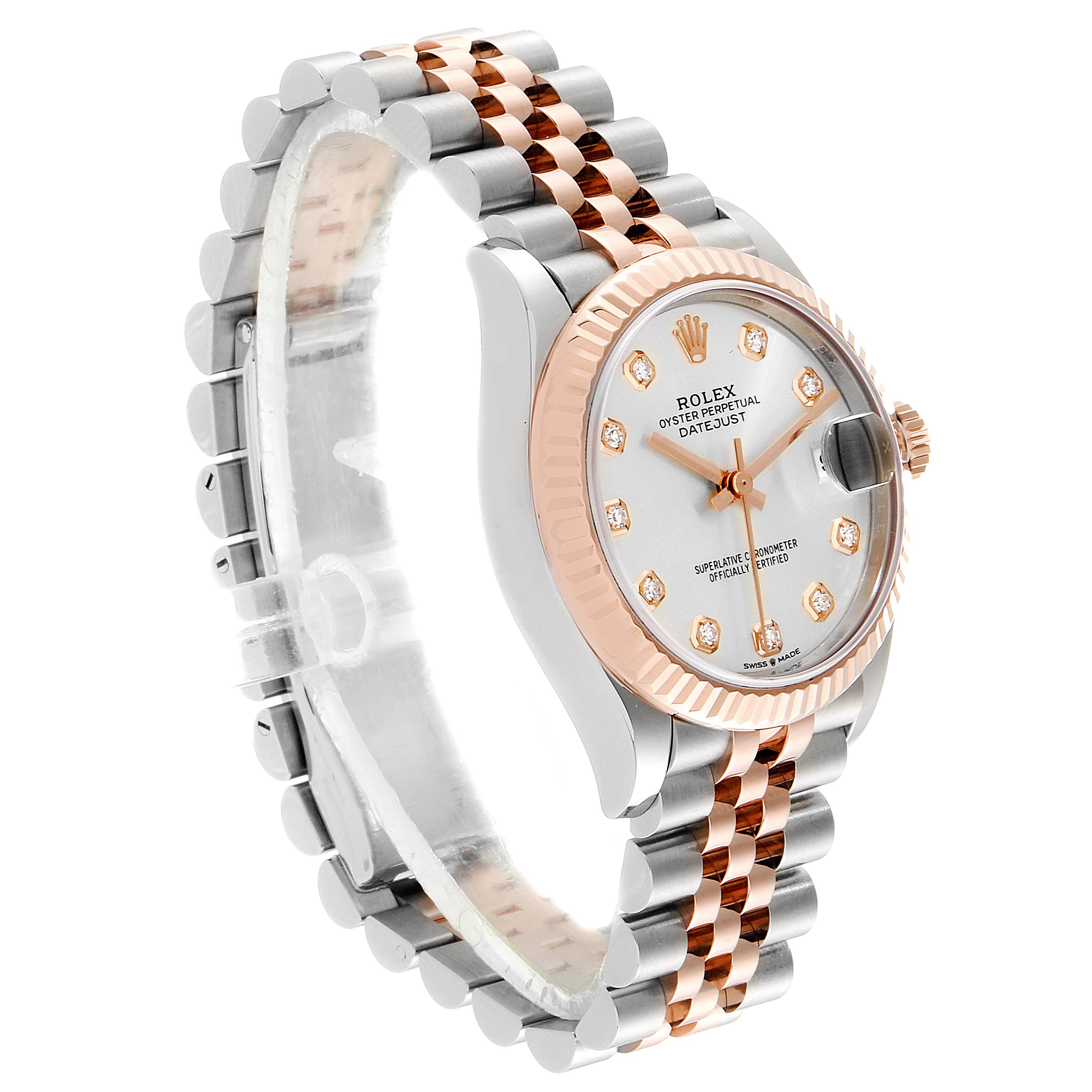 The Rolex Mid-Size 278271 Women
s Rose Gold Silver Dial 278271 Women
s Rose Gold Silver Dial model is shown at an angled front view, displaying its dual-tone bracelet, diamond markers, and fluted bezel.