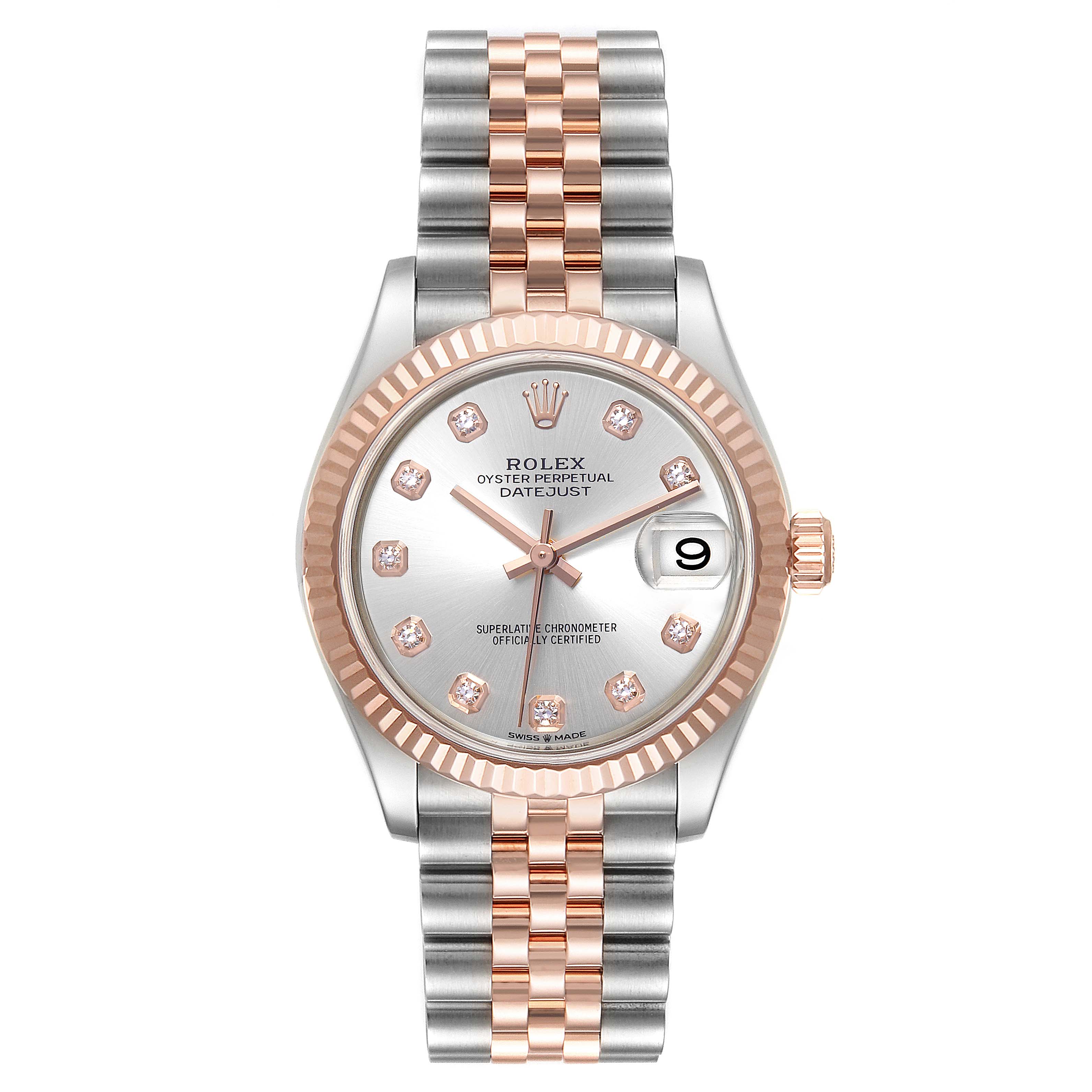 This Rolex Mid-Size 278271 Women
s Rose Gold Silver Dial 278271 Women
s Rose Gold Silver Dial features a silver dial, diamond indices, fluted bezel, and a two-tone Jubilee bracelet, shown from a top-down angle.