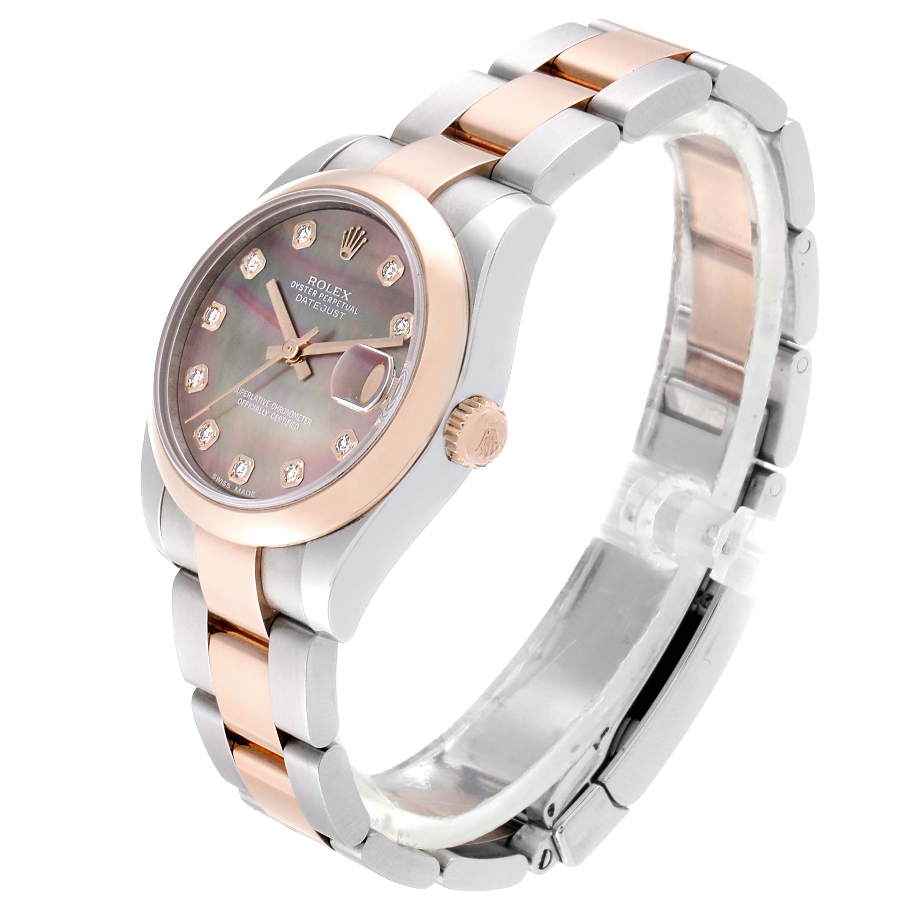 The image shows a Rolex Mid-Size 178241 Women's Rose Gold Mother of Pearl Dial 178241 Women's Rose Gold Mother of Pearl Dial watch from a front-angled view, displaying the face, bezel, crown, and bracelet.