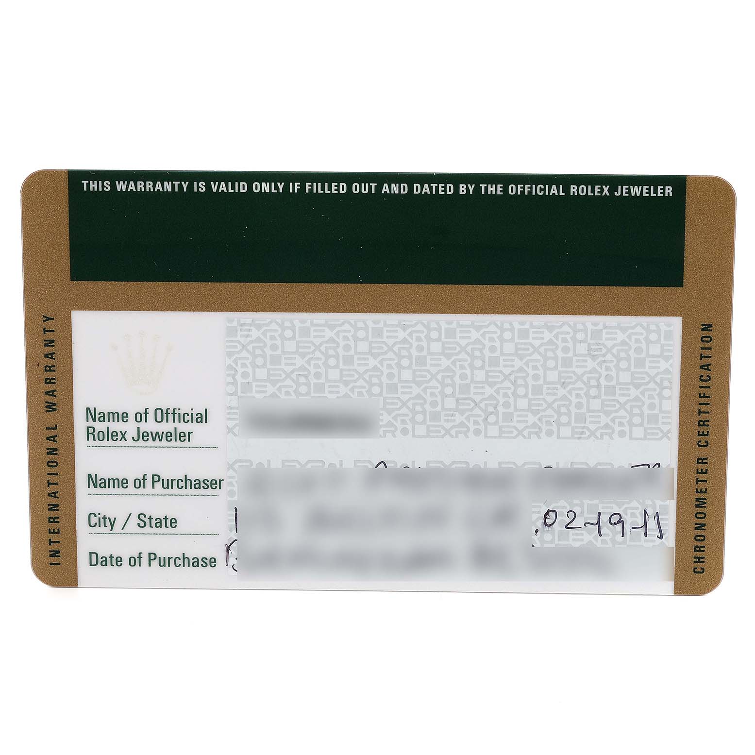 This is an image of the warranty card for a Rolex Mid-Size 178241 Women's Rose Gold Mother of Pearl Dial 178241 Women's Rose Gold Mother of Pearl Dial model, displaying the name of the official Rolex jeweler, name of purchaser, city/state, and date of purchase.